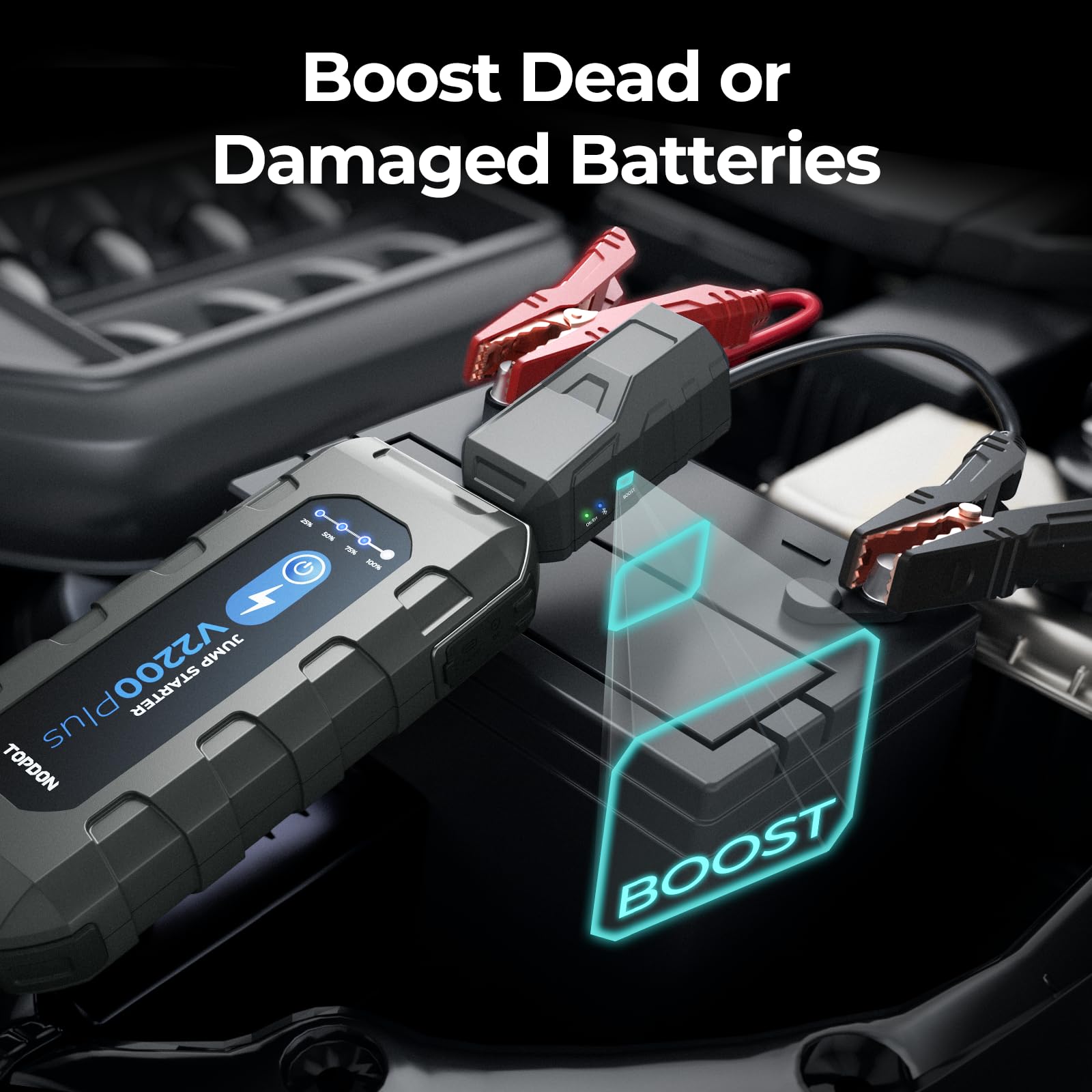 TOPDON V2200Plus next to a smartphone illustrating portable size and onboard charging