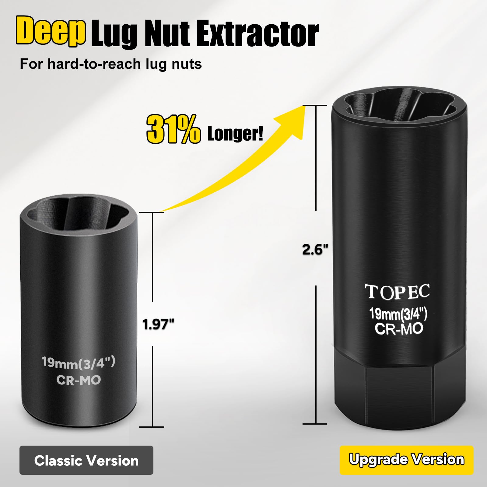 Topec deep lug socket close-up showing 2.6-inch depth and durable finish for better reach