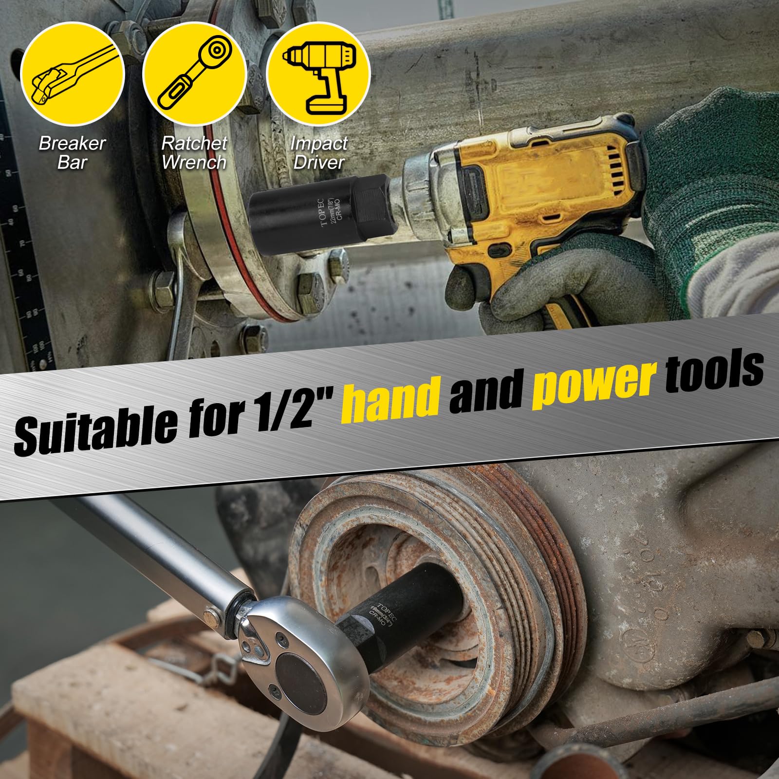 Topec 1/2-inch drive adapter beside ratchet illustrating compatibility with common tools