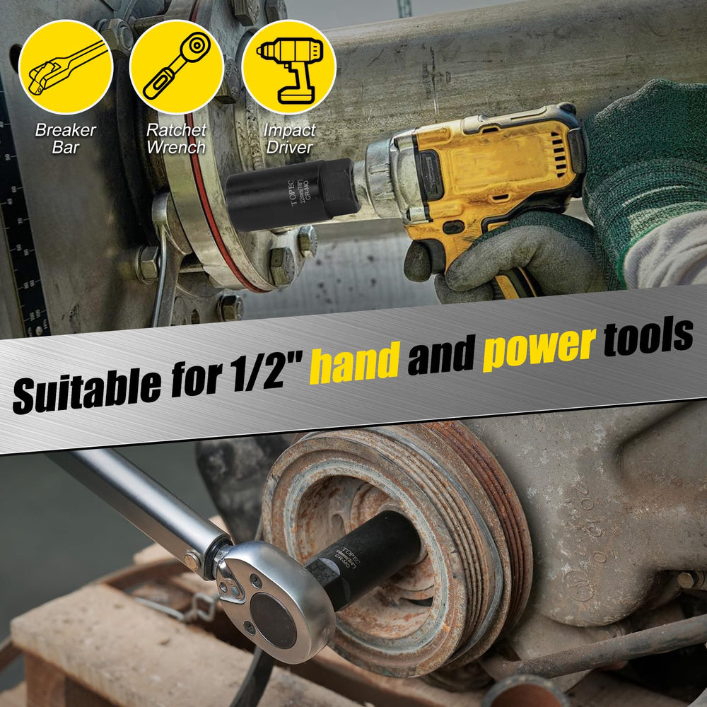 Topec 1/2-inch drive adapter beside ratchet illustrating compatibility with common tools