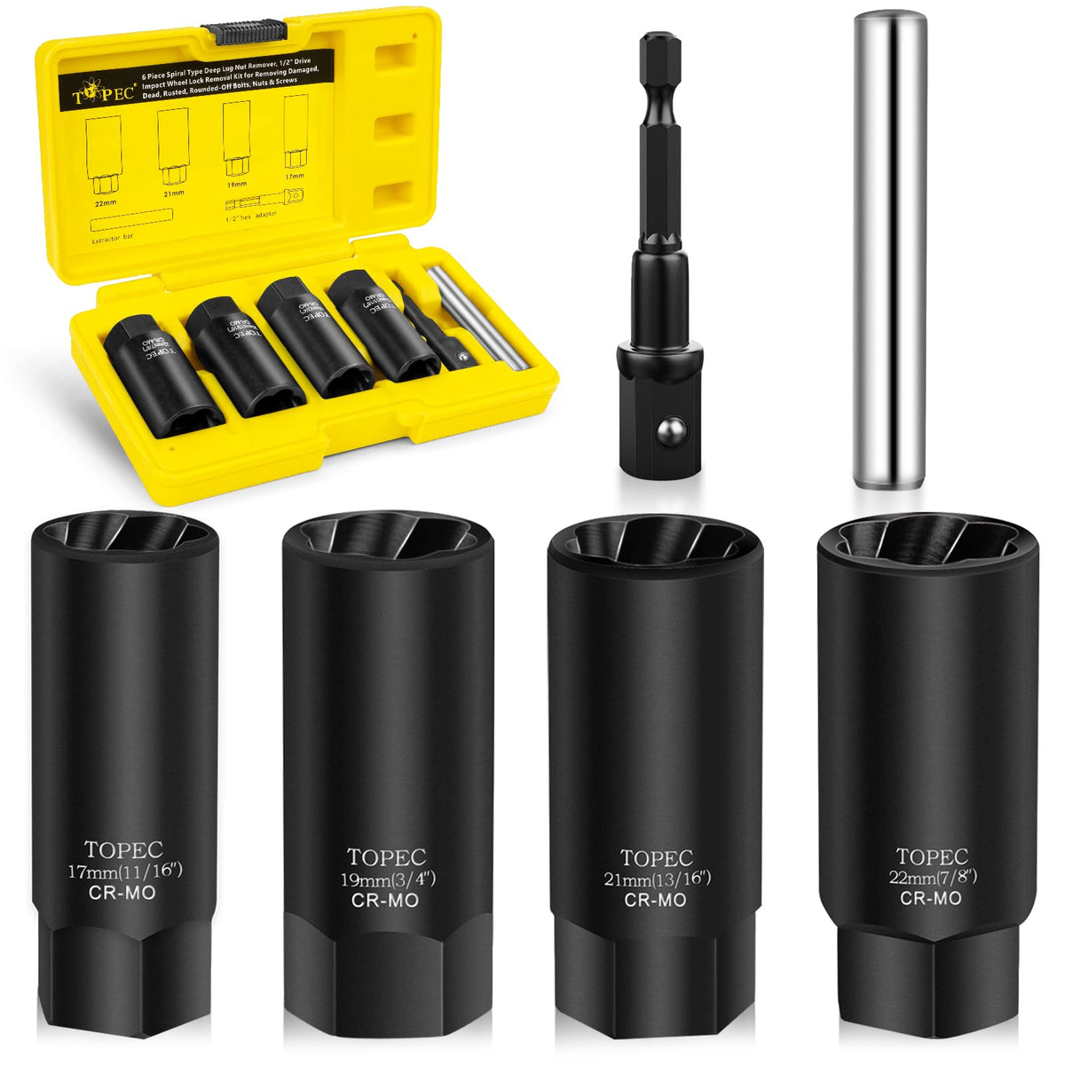 Topec front packaging showing entire extractor kit and case, convenient storage benefit