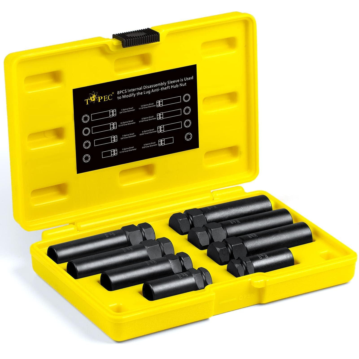 Topec front packaging showing complete 8-piece spline socket kit and benefits