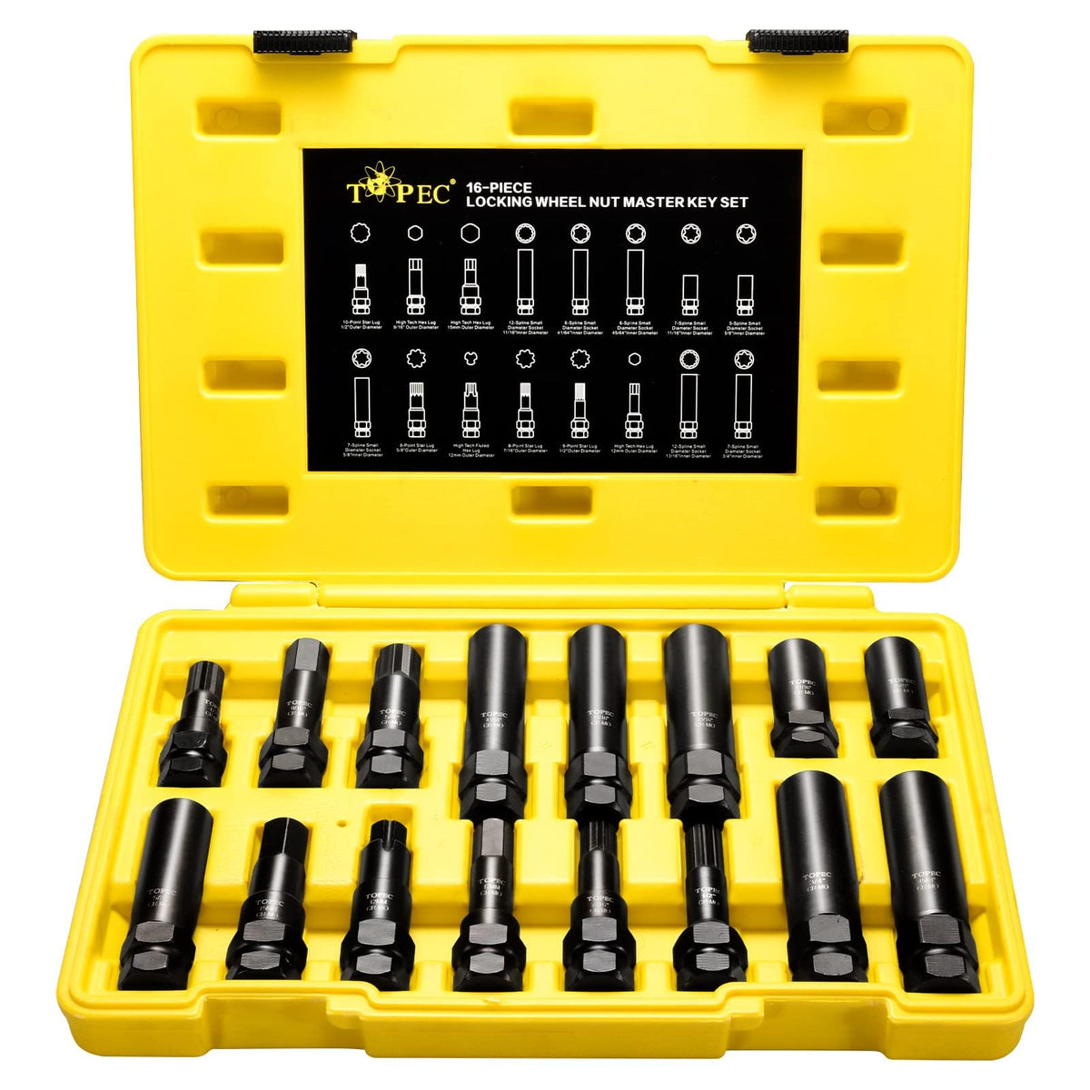 Topec front packaging showing full 16-piece kit and organization for easy selection
