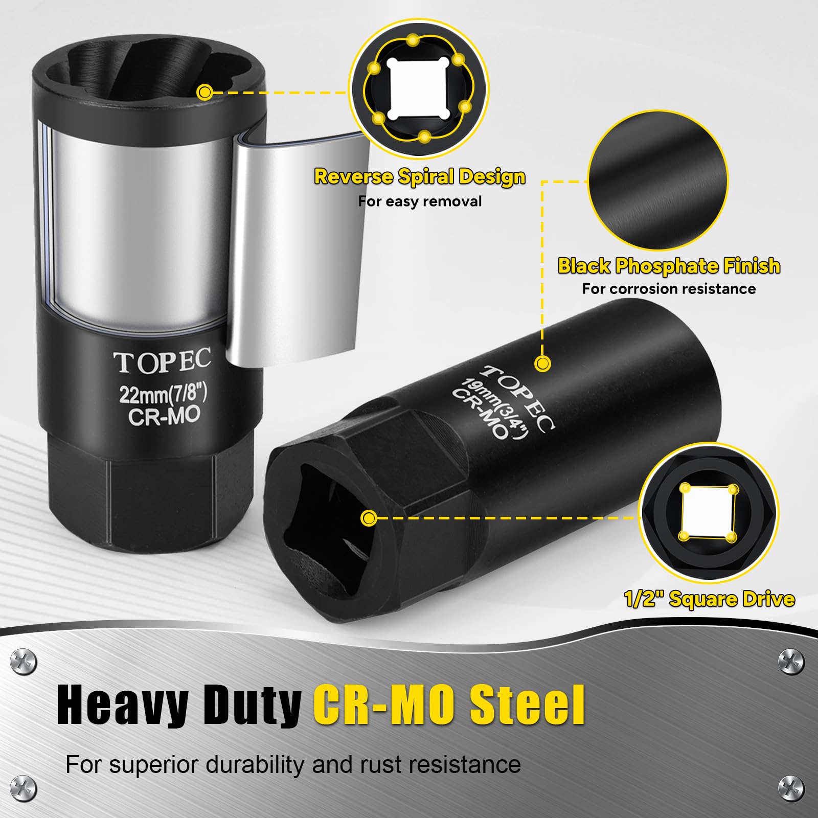 Topec sockets laid out to display included sizes 13–27mm for wide vehicle coverage