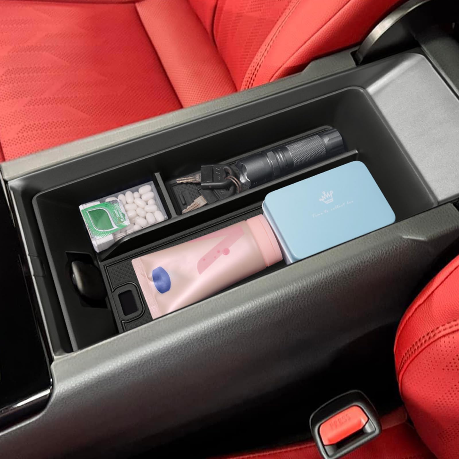 TOPINSTALL front view of center console tray showing organized compartments and tidy storage benefit