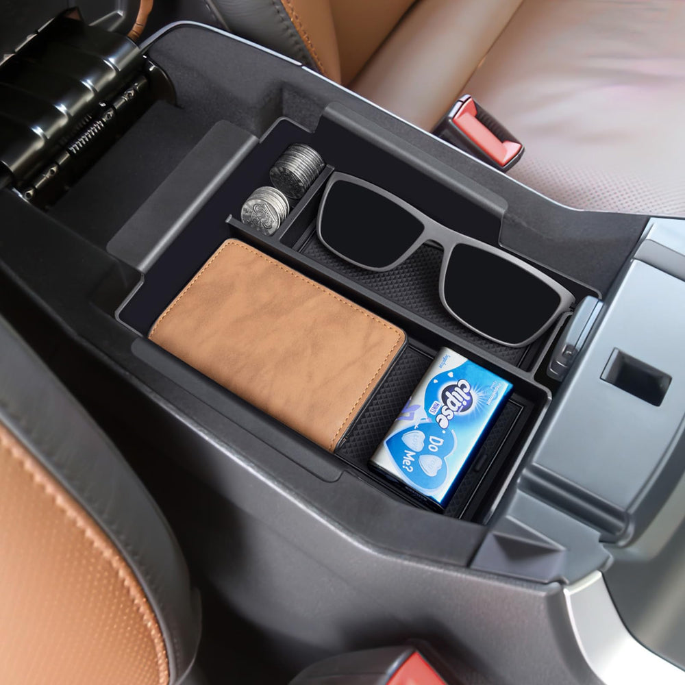 TOPINSTALL front view of console organizer showing neat compartments and quick access