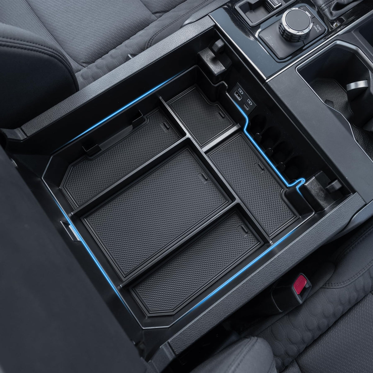 TOPINSTALL front view installed in Tundra console showing neat organization and easy access