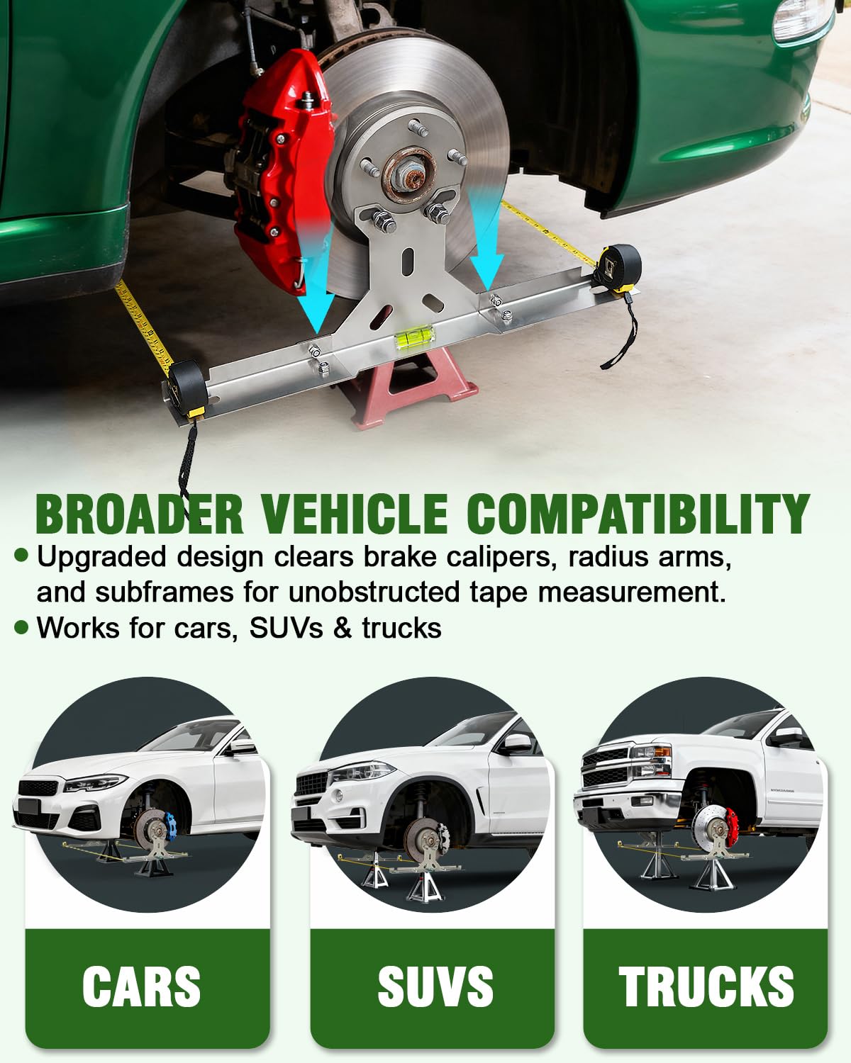 Toplamper kit in use on a sedan front wheel, helps verify toe alignment