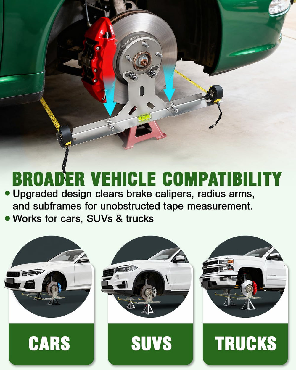 Toplamper kit in use on a sedan front wheel, helps verify toe alignment