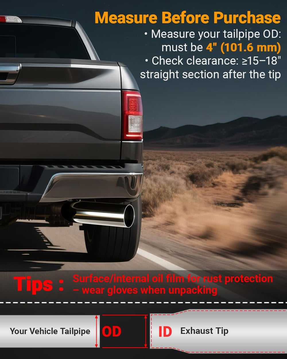 Toplamper outlet photo displaying 6-inch opening for improved exhaust exit and styling benefit
