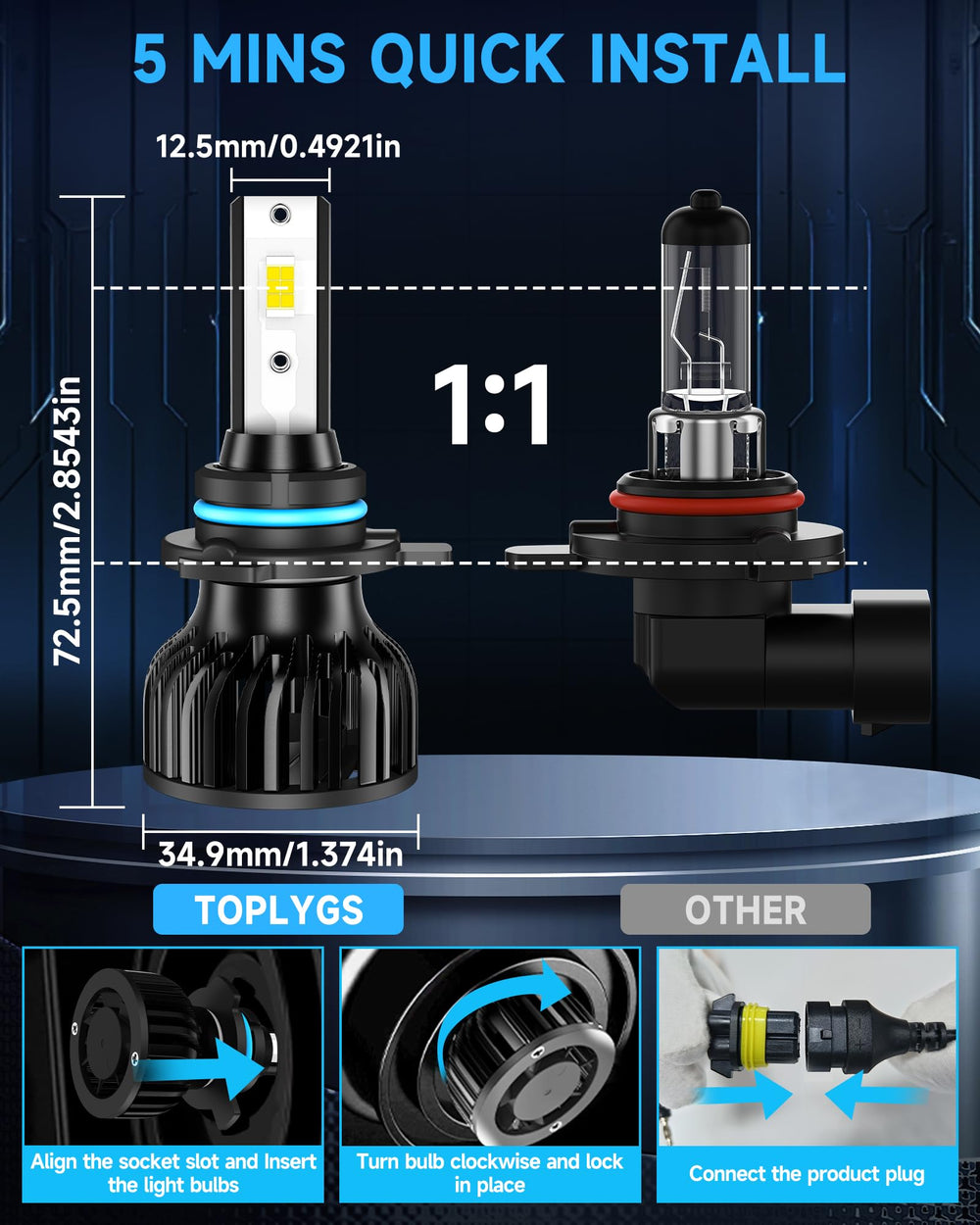 TOPLYGS bulb next to halogen bulb for scale highlighting one-to-one replacement size