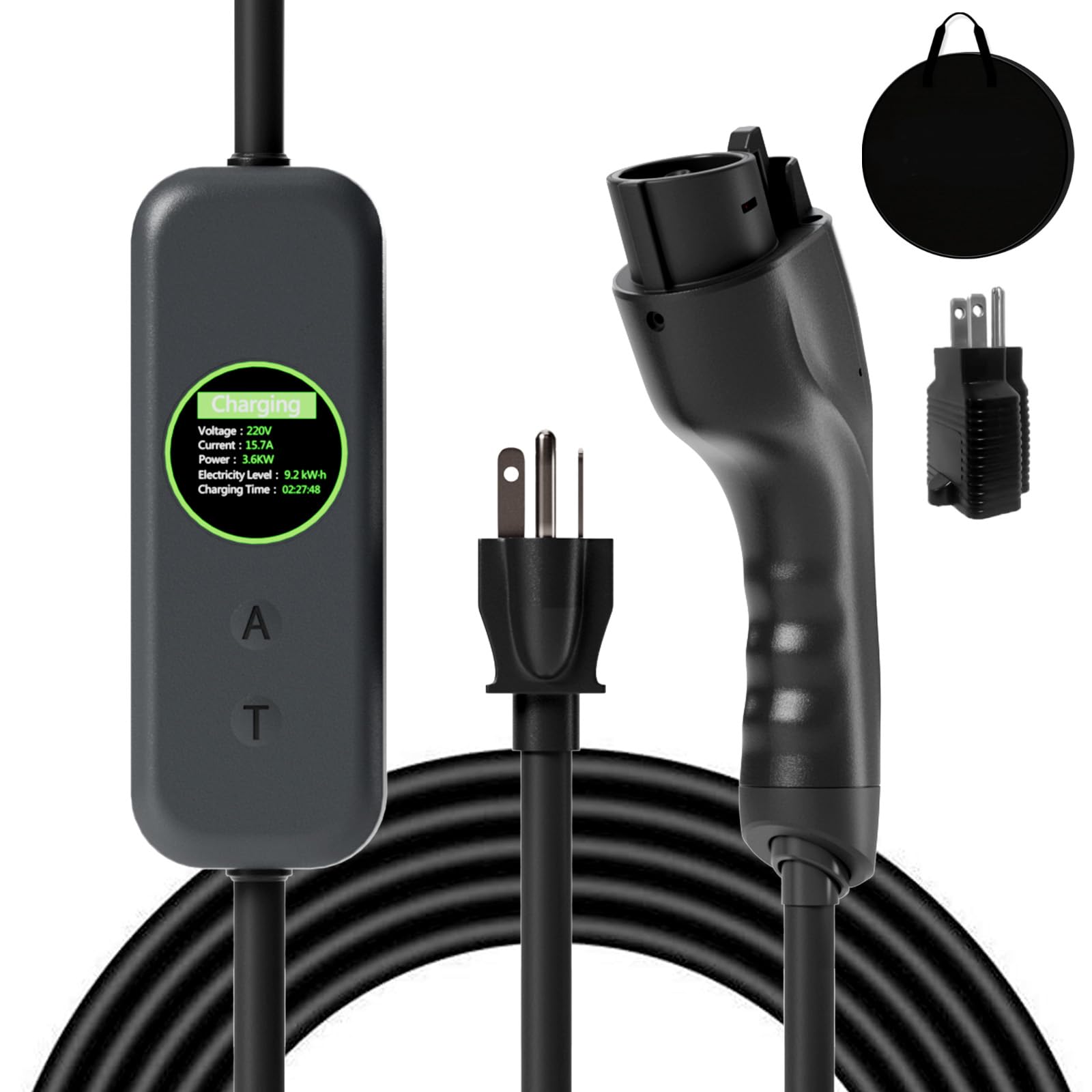 Toptoo front view showing the control box and J1772 gun for easy portable charging