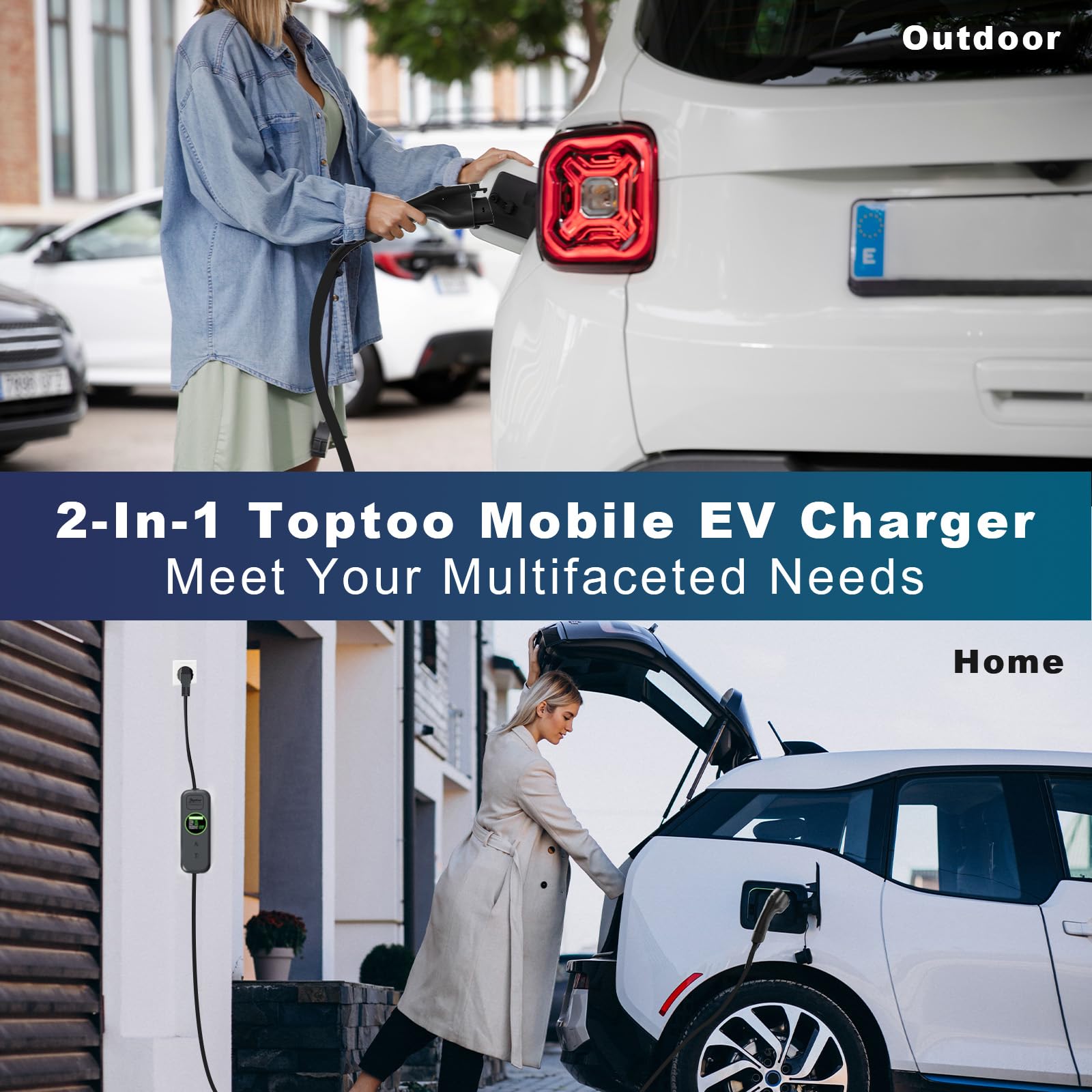 Toptoo J1772 connector plugged into an electric car demonstrating in-use convenience