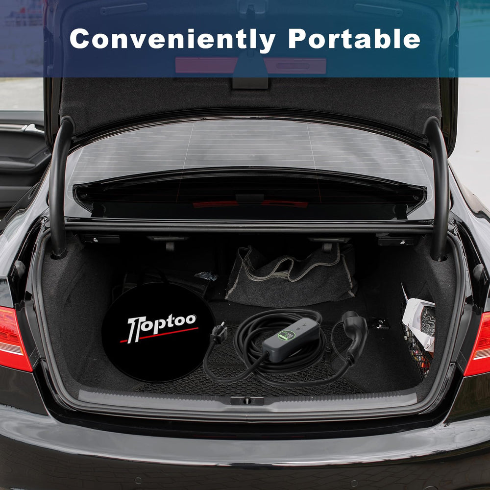 Toptoo charger beside a car trunk to show scale and ready-to-carry convenience