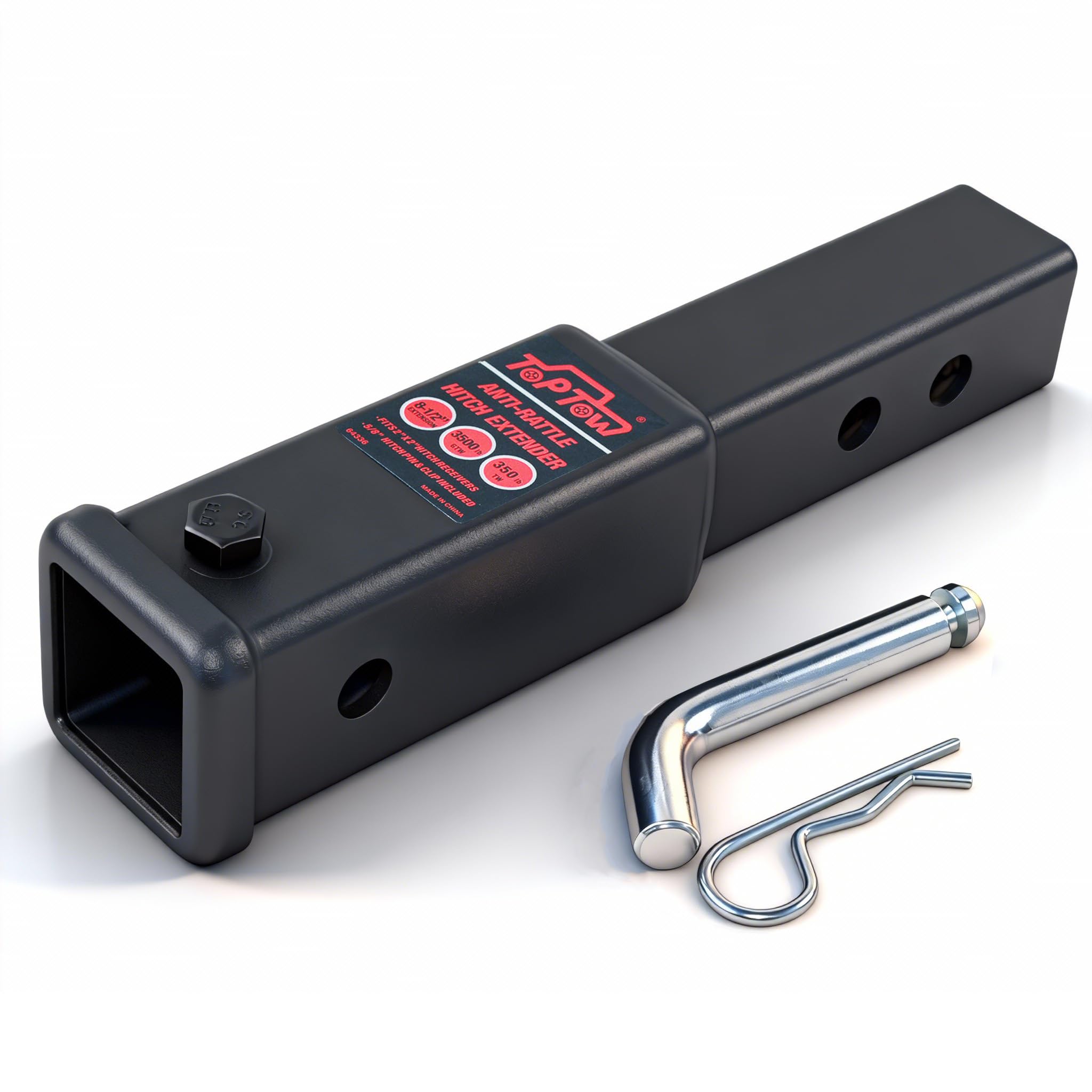 TOPTOW front view of 2 inch hitch extender showing sturdy steel and fit benefits