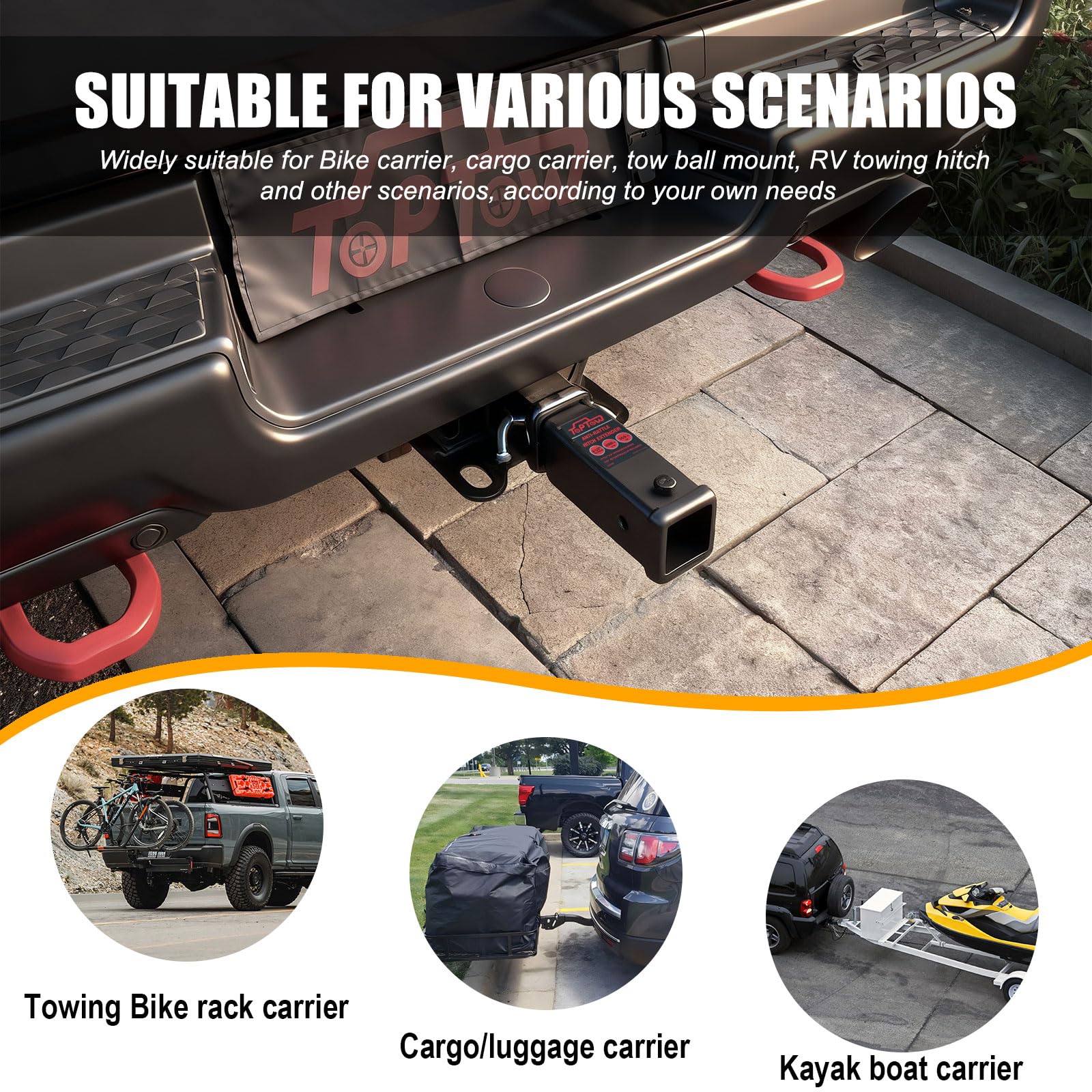 TOPTOW installed on SUV demonstrating extra space behind bumper for accessories