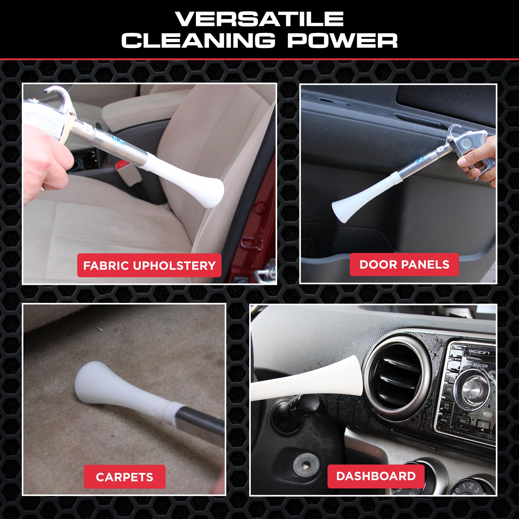 Tornador in-use on dashboard clearing dust for faster detailing