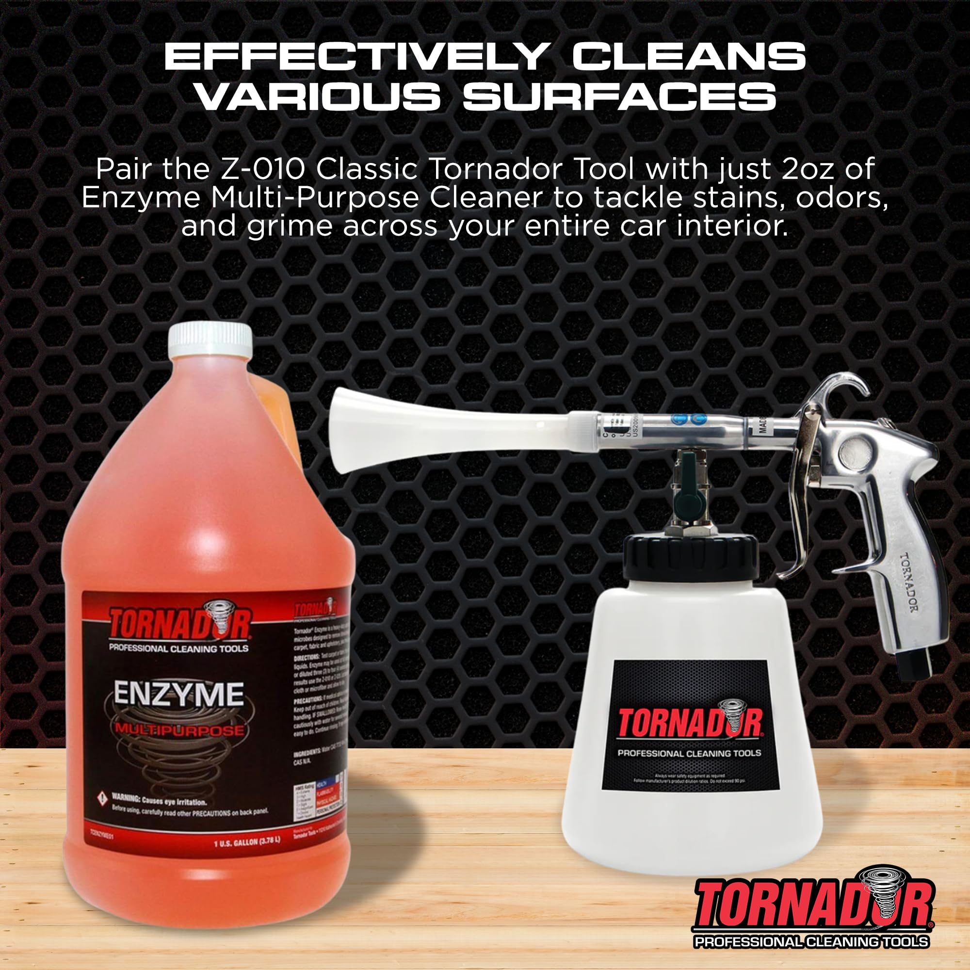 Tornador cleaner atomizing from a Tornador gun for even coverage and faster cleaning