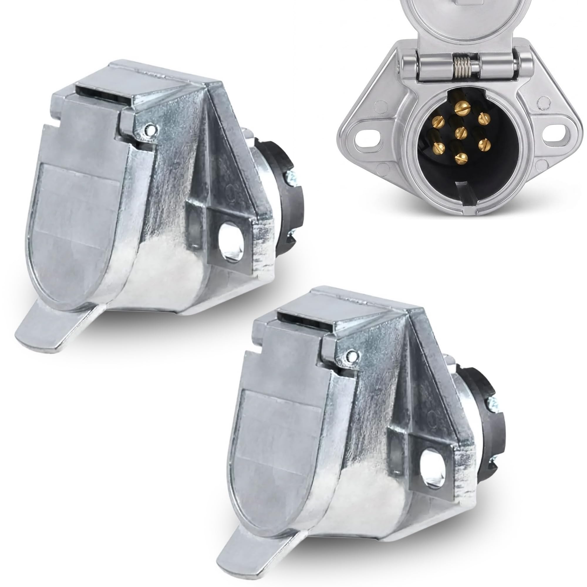 Torque front view of 7-way round socket showing plug opening and robust flange for secure mounting