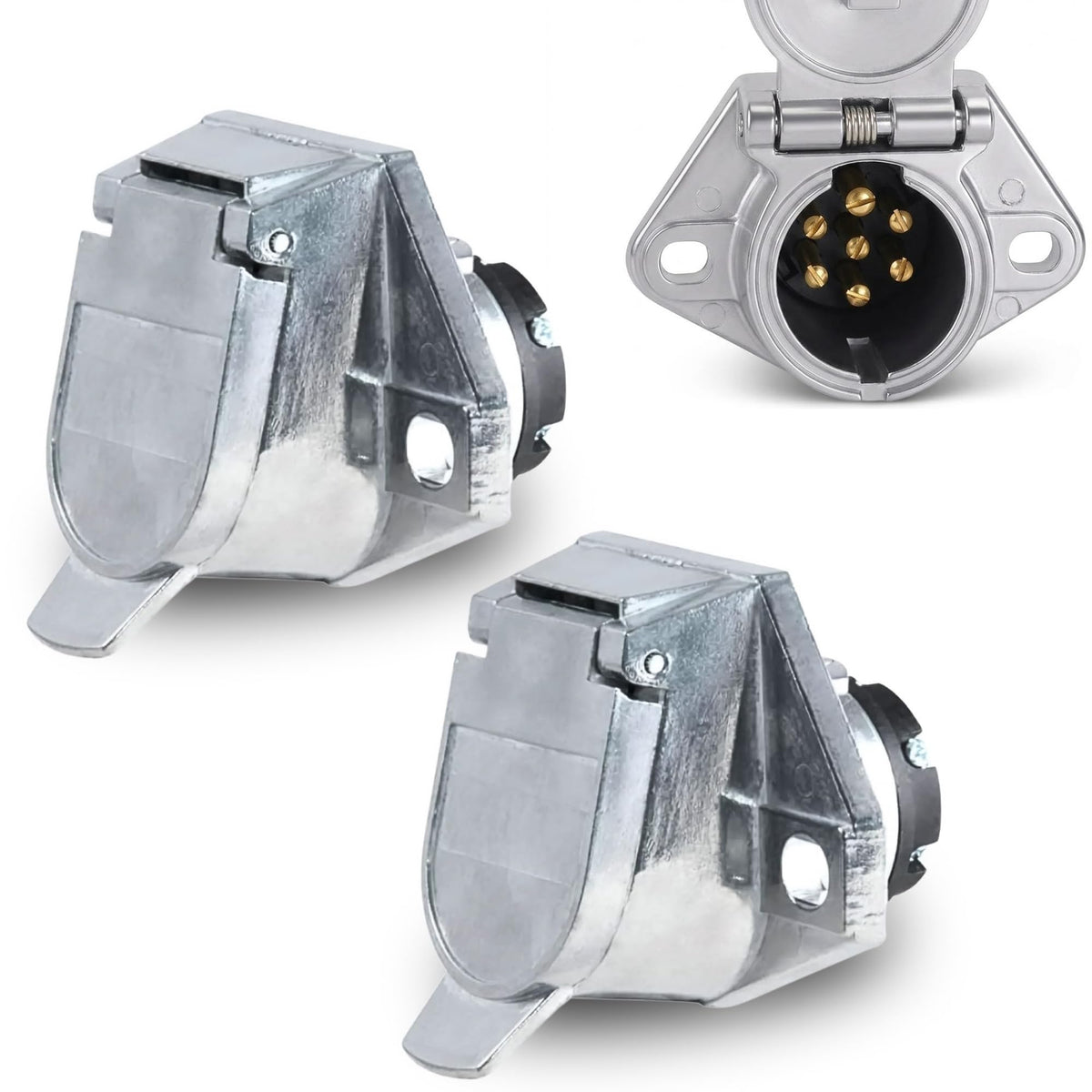 Torque front view of 7-way round socket showing plug opening and robust flange for secure mounting