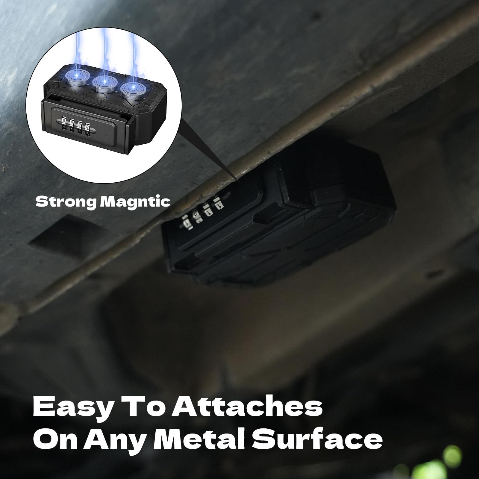 TOSICAM attached under car chassis showing secure magnetic placement for roadside access