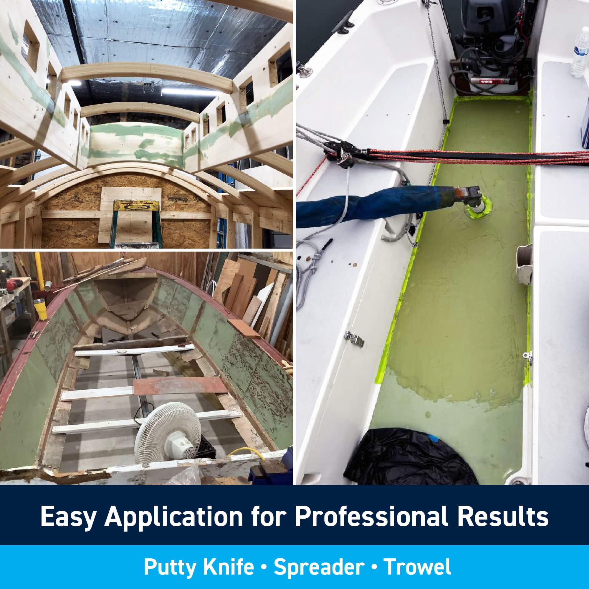 Workshop scene with TotalBoat TotalFair on bench illustrating convenient DIY marine repairs