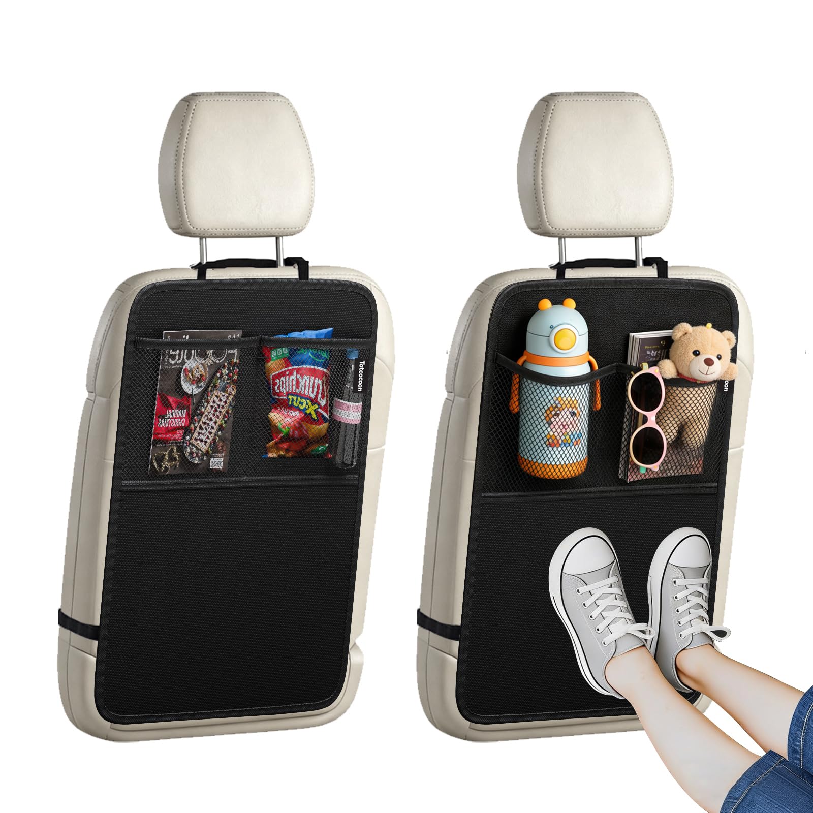 TotCocoon front view showing two black kick mats protecting seats