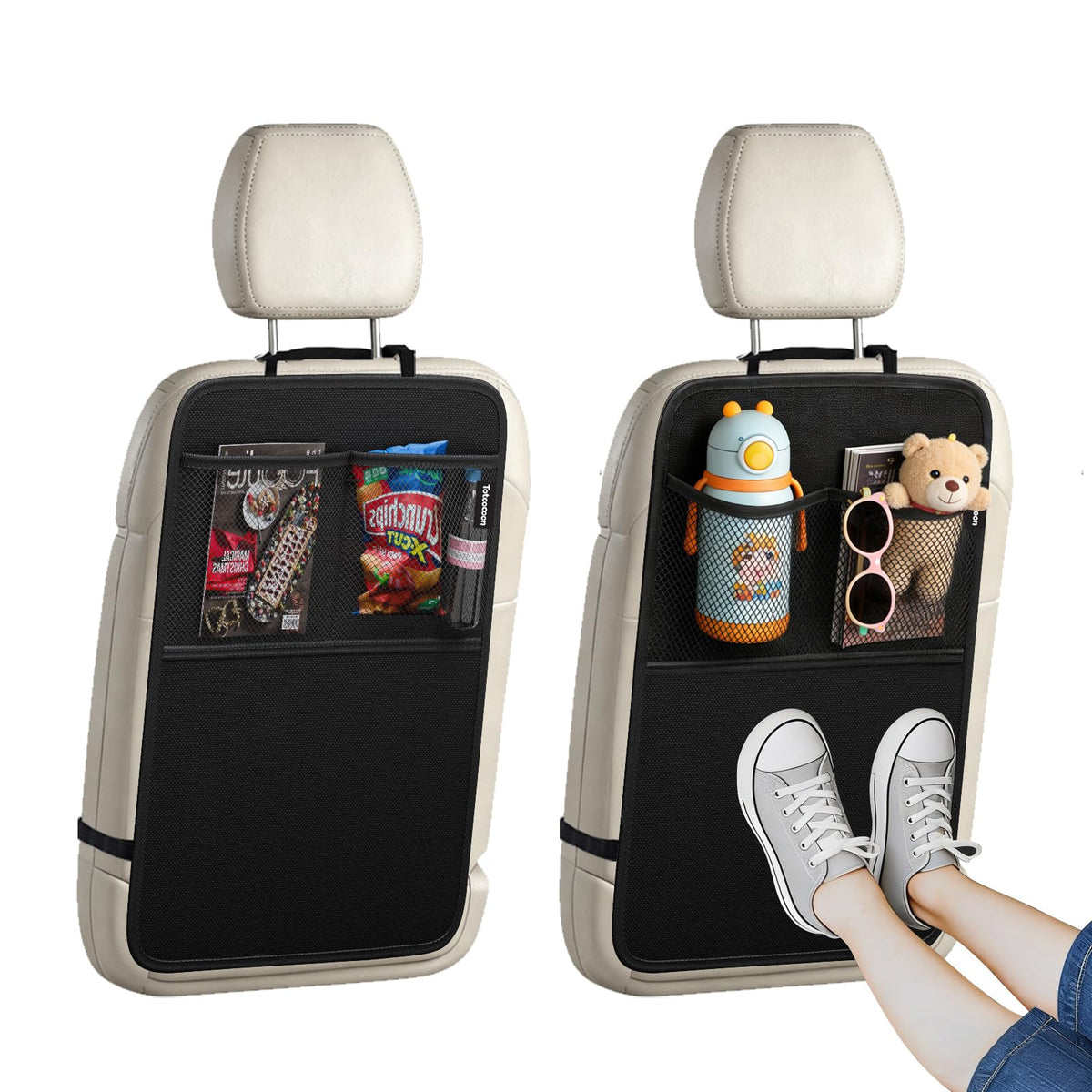 TotCocoon front view showing two black kick mats protecting seats