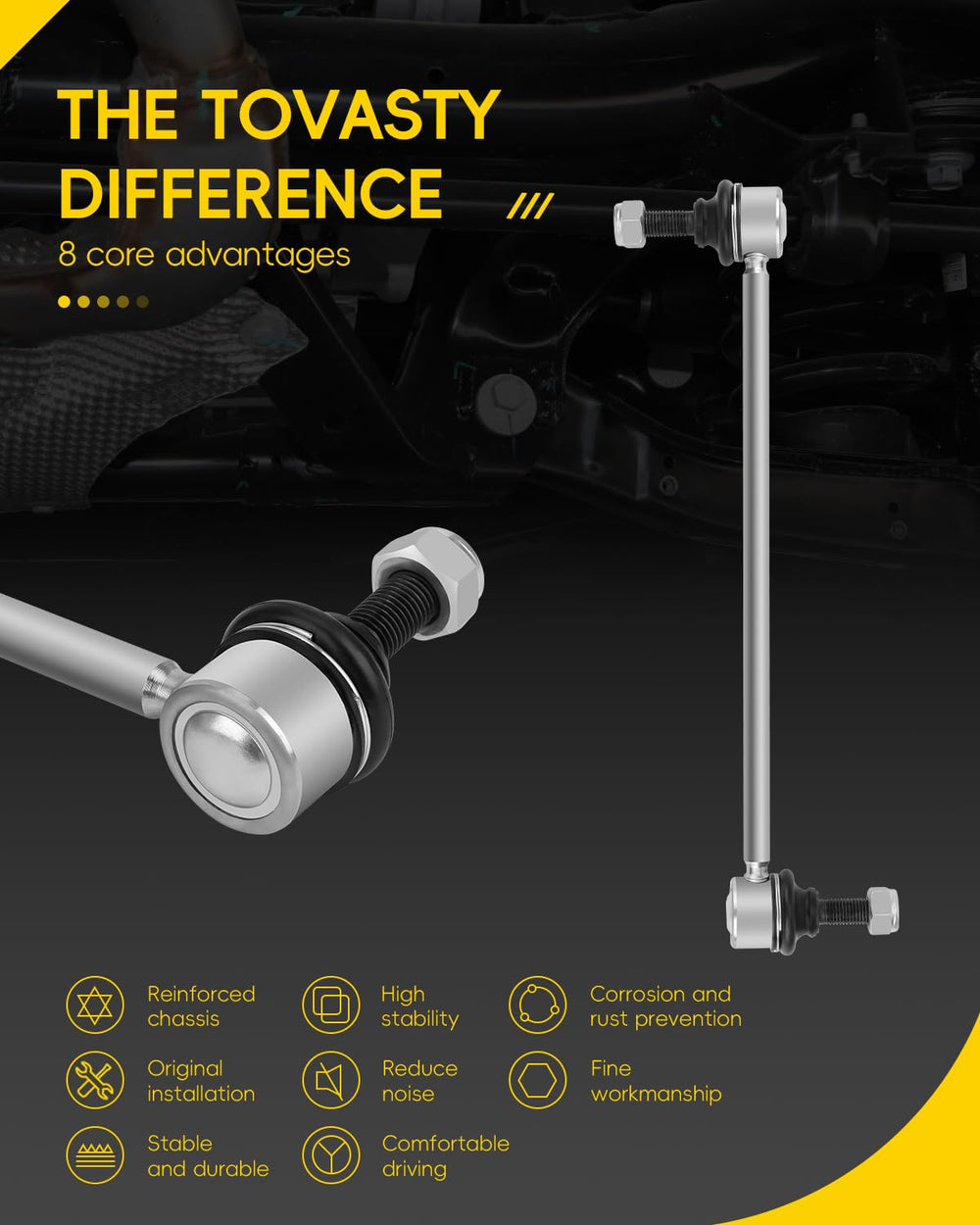 TOVASTY close-up of bushing and joint delivering quiet, low-vibration performance