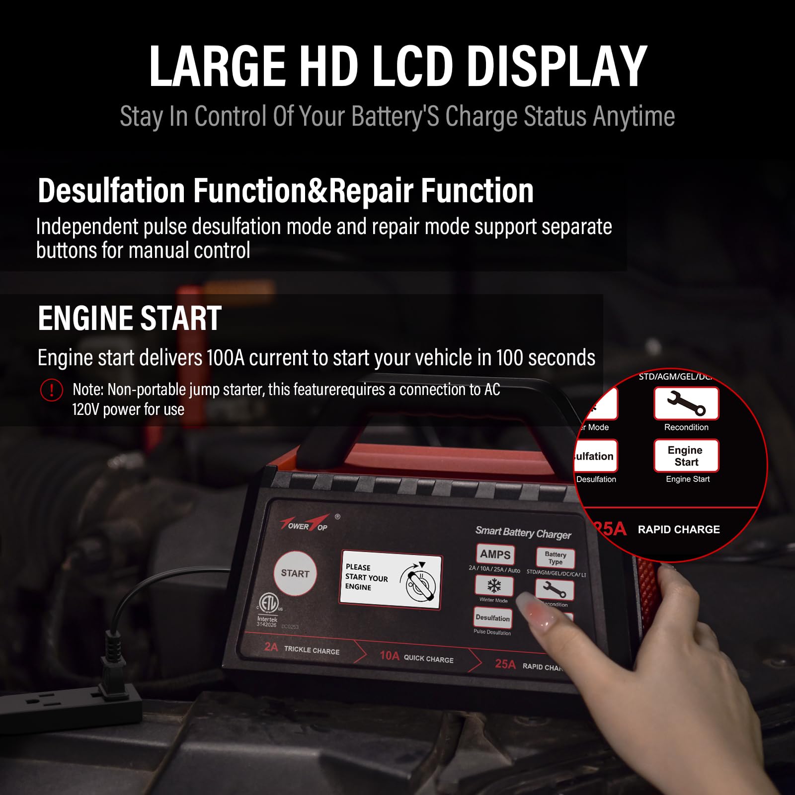 TowerTop close-up LCD screen displaying 8-stage charge, easy monitoring