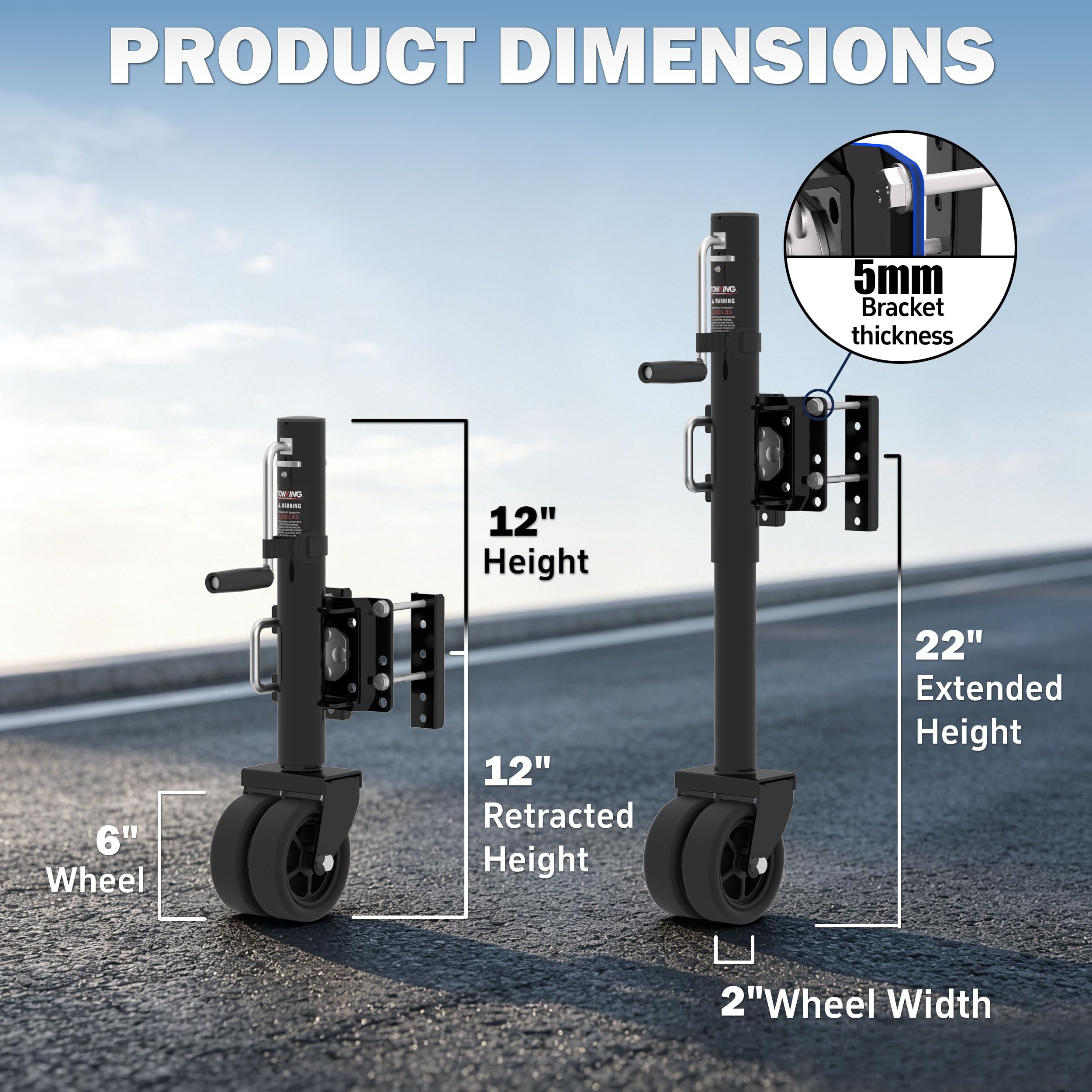 TOWKING jack mounted on trailer tongue showing stable support and fit