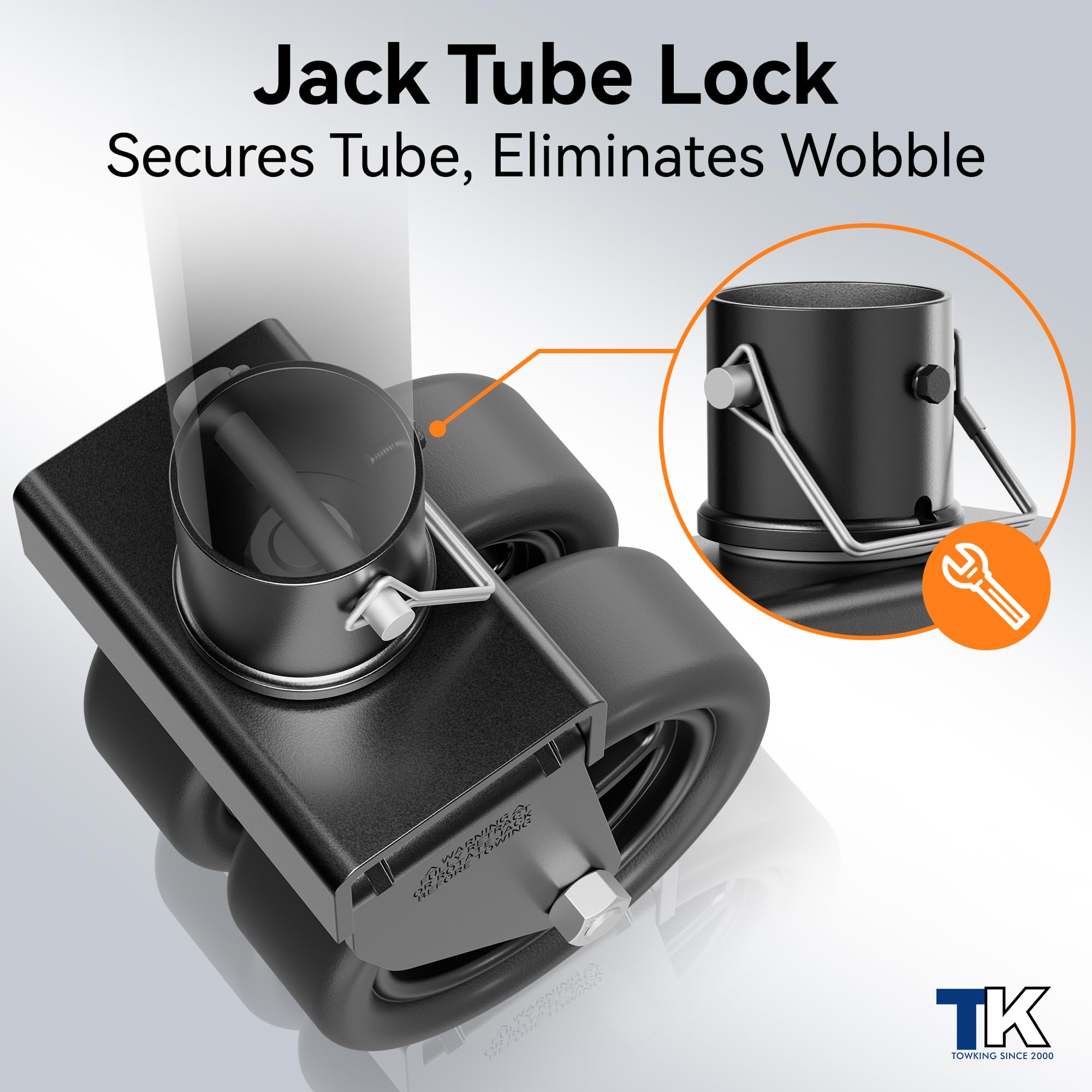 TOWKING caster mounted on 2-inch jack tube illustrating quick install benefit