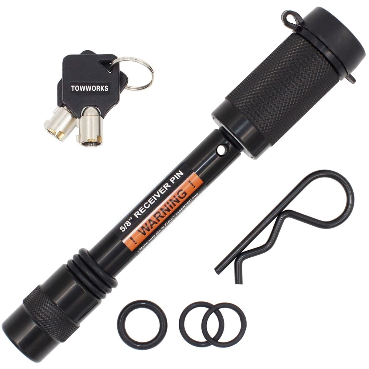 TowWorks hitch lock front view showing full pin and lock, secures trailer receivers