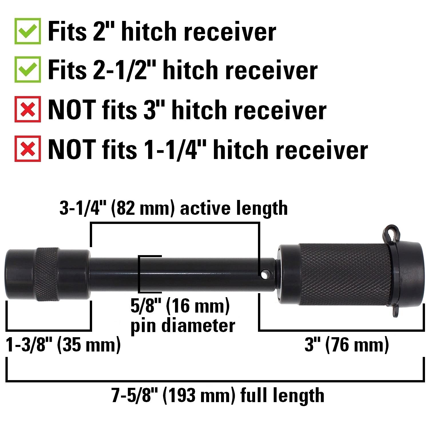 TowWorks lock installed in a 2" receiver, extra-long span fits deep hitch tubes