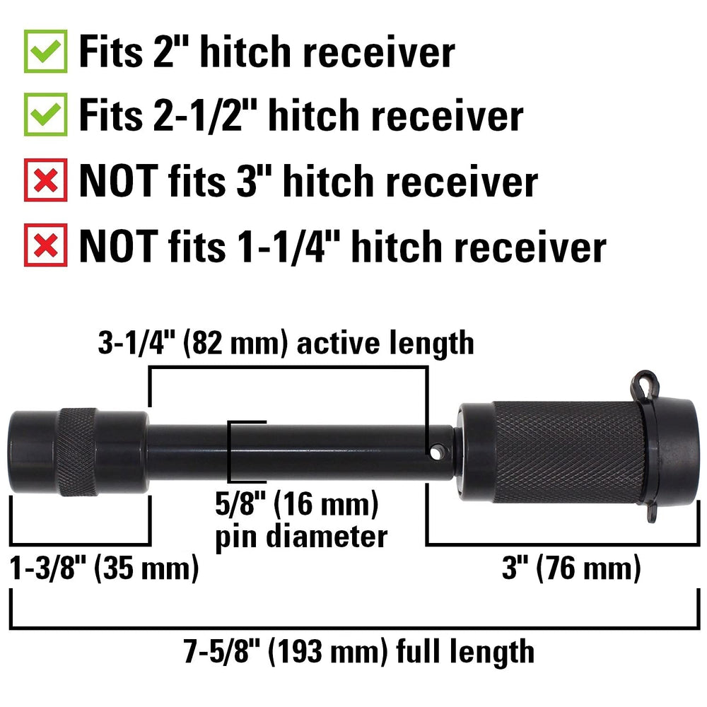 TowWorks lock installed in a 2" receiver, extra-long span fits deep hitch tubes