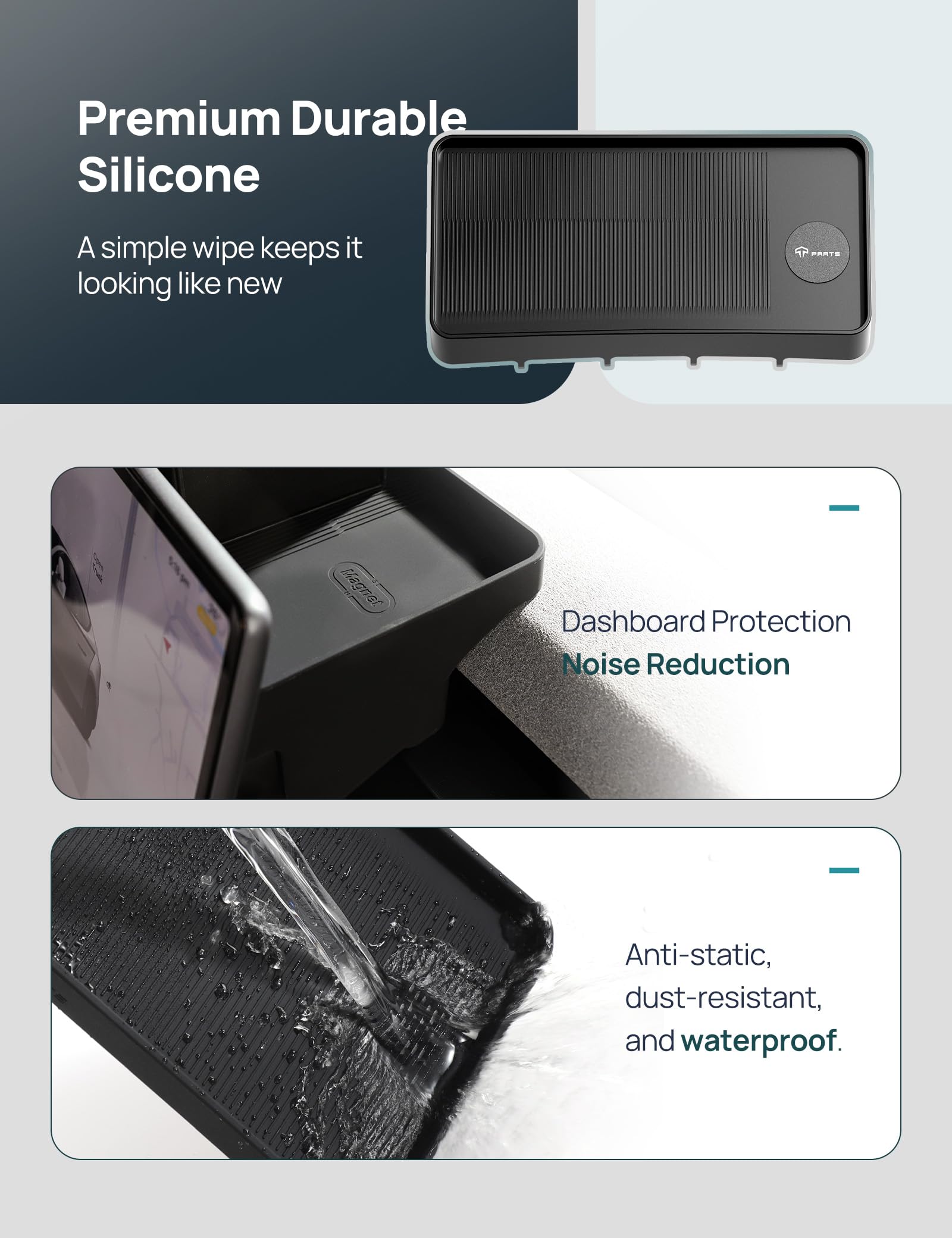 TPARTS label and material detail highlighting premium silicone durability benefit
