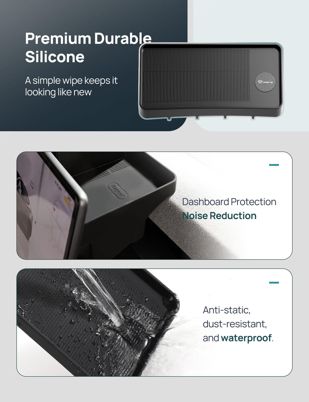 TPARTS label and material detail highlighting premium silicone durability benefit