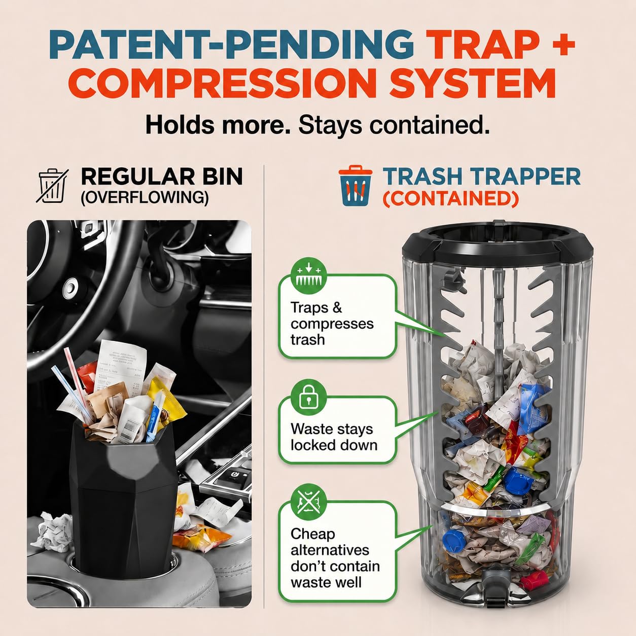 Trash Trapper bottom trap-door open for quick hygienic emptying