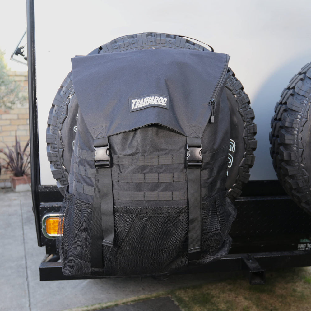 Trasharoo filled with 30 gallon bag for easy dumping and hauling