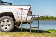 Traxion ladder folded against tailgate saving cargo space benefit