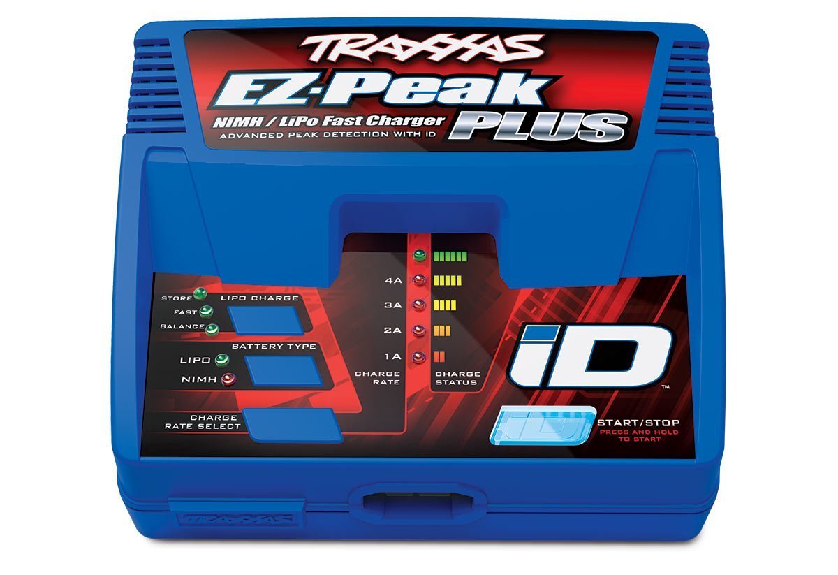 Traxxas EZ-Peak Plus front view showing compact housing and status lights for fast charging