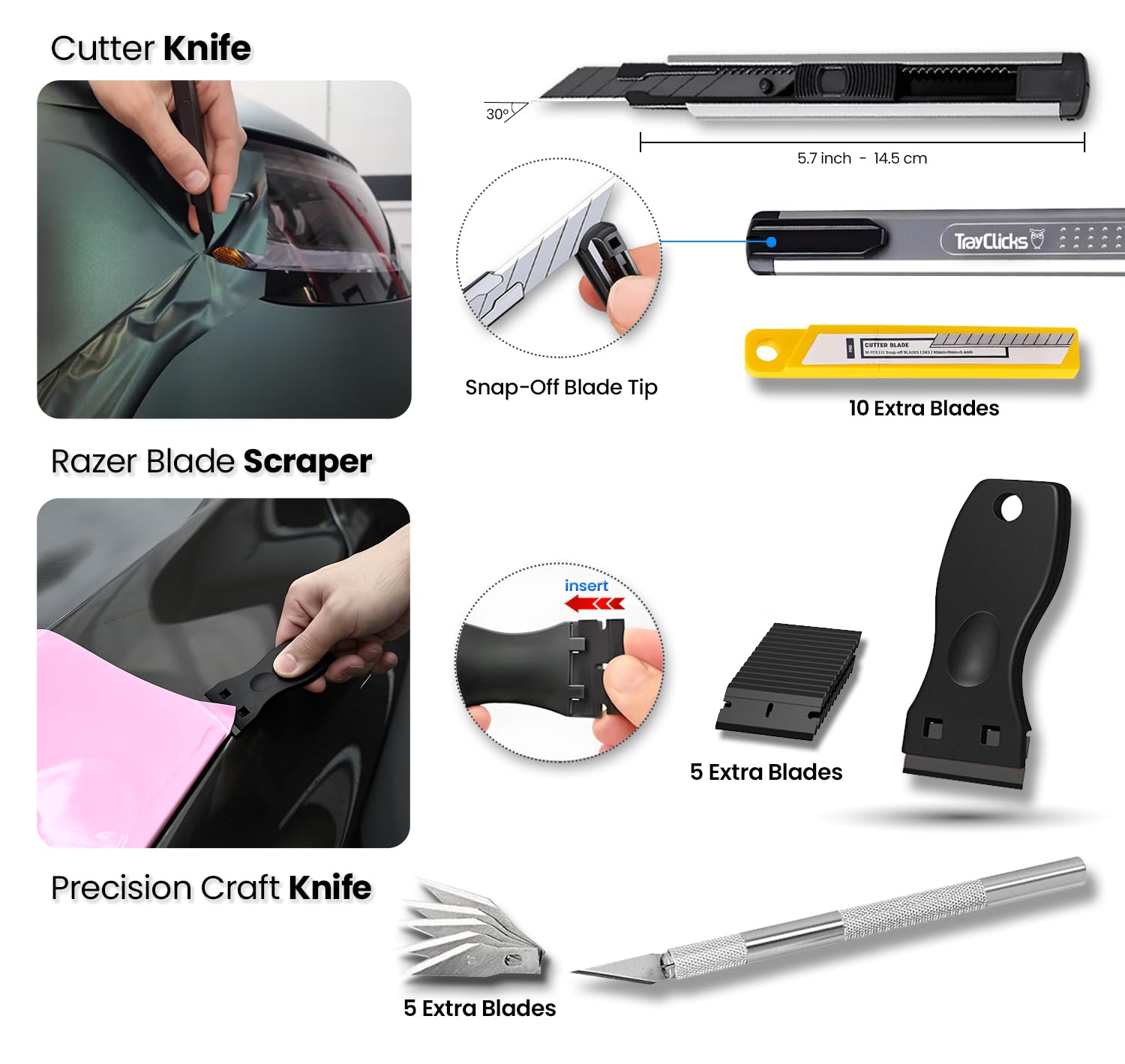 TRAYCLICKS corner and contour tools fitting tight seams and complex edges precisely