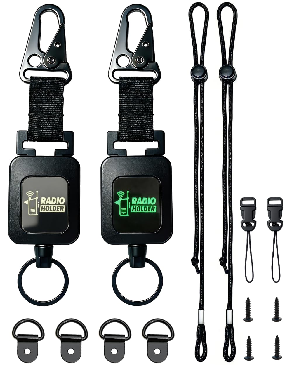 Treayes front view of two retractors and included mounting kit, shows complete set and convenience