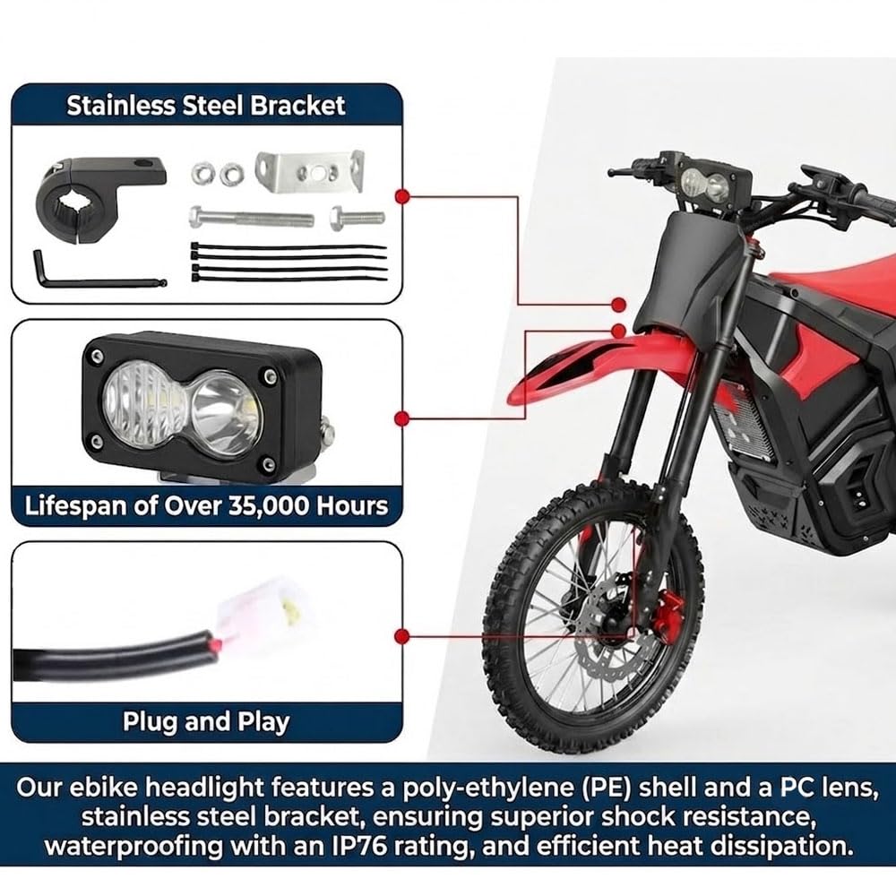 Treayes headlight mounted on handlebar of dirt bike, provides wider road coverage