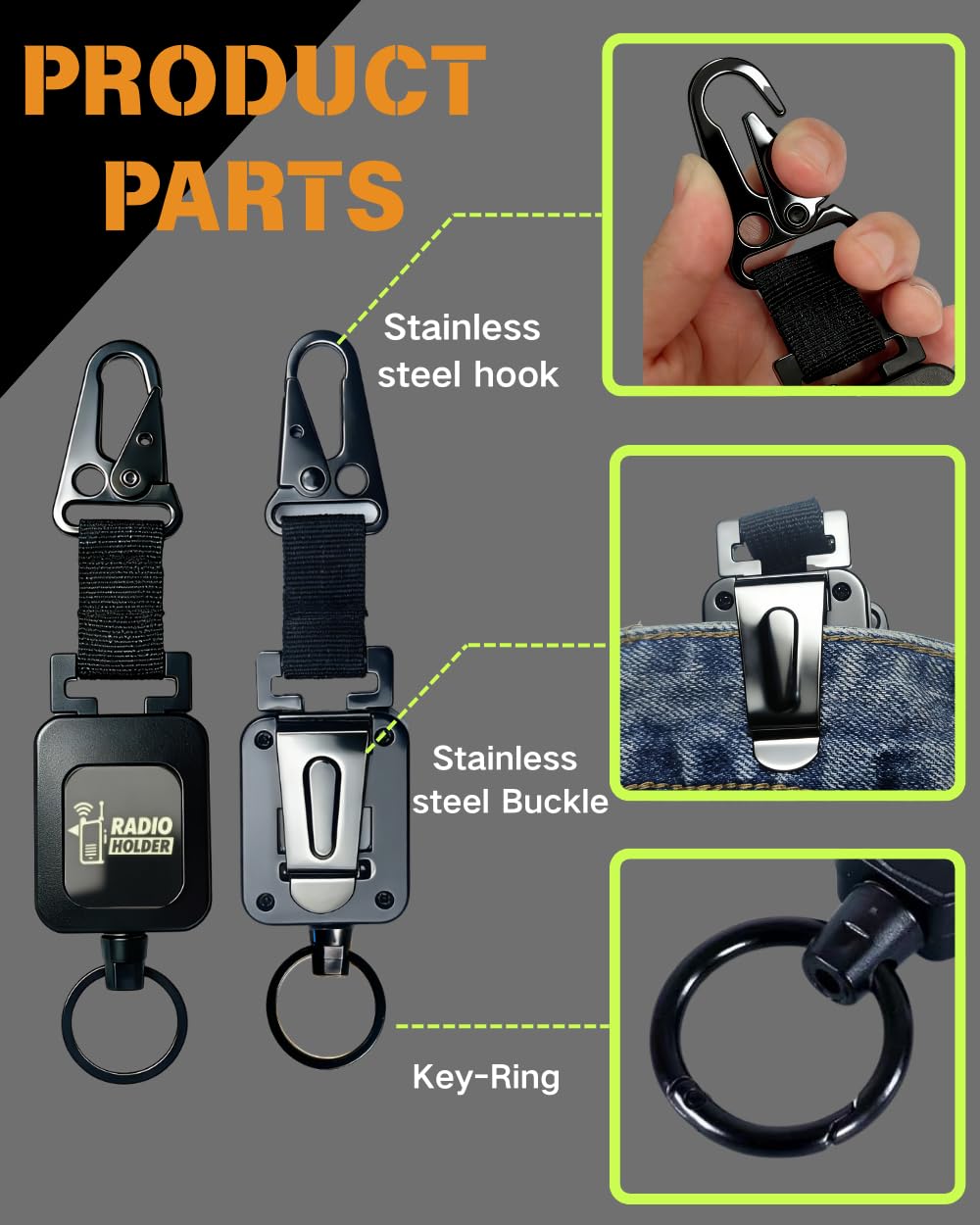 Treayes retracting holder beside a handheld radio for scale, shows compact size and fit