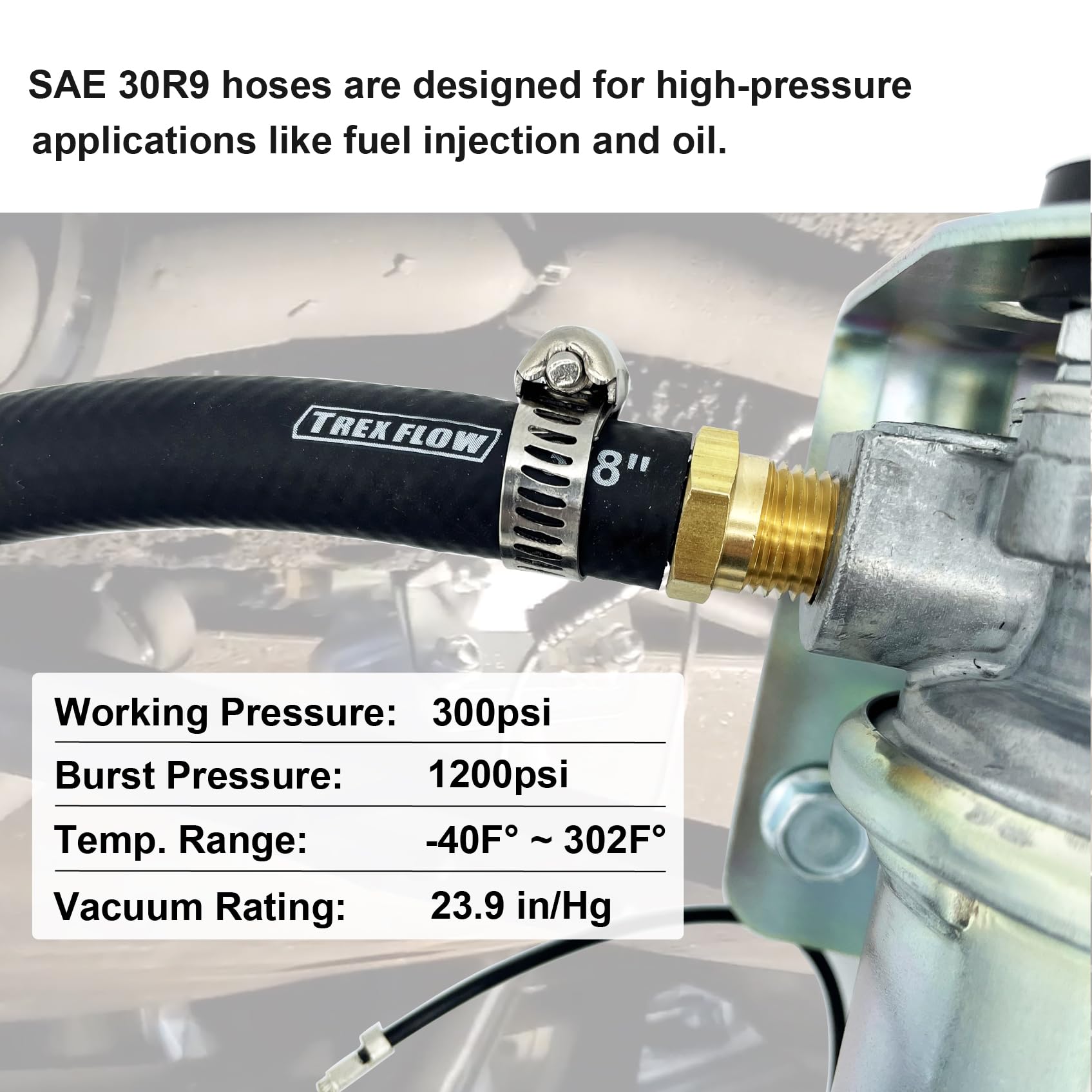 TREXFLOW TF hose end close-up showing smooth barb and secure push-on fit benefit