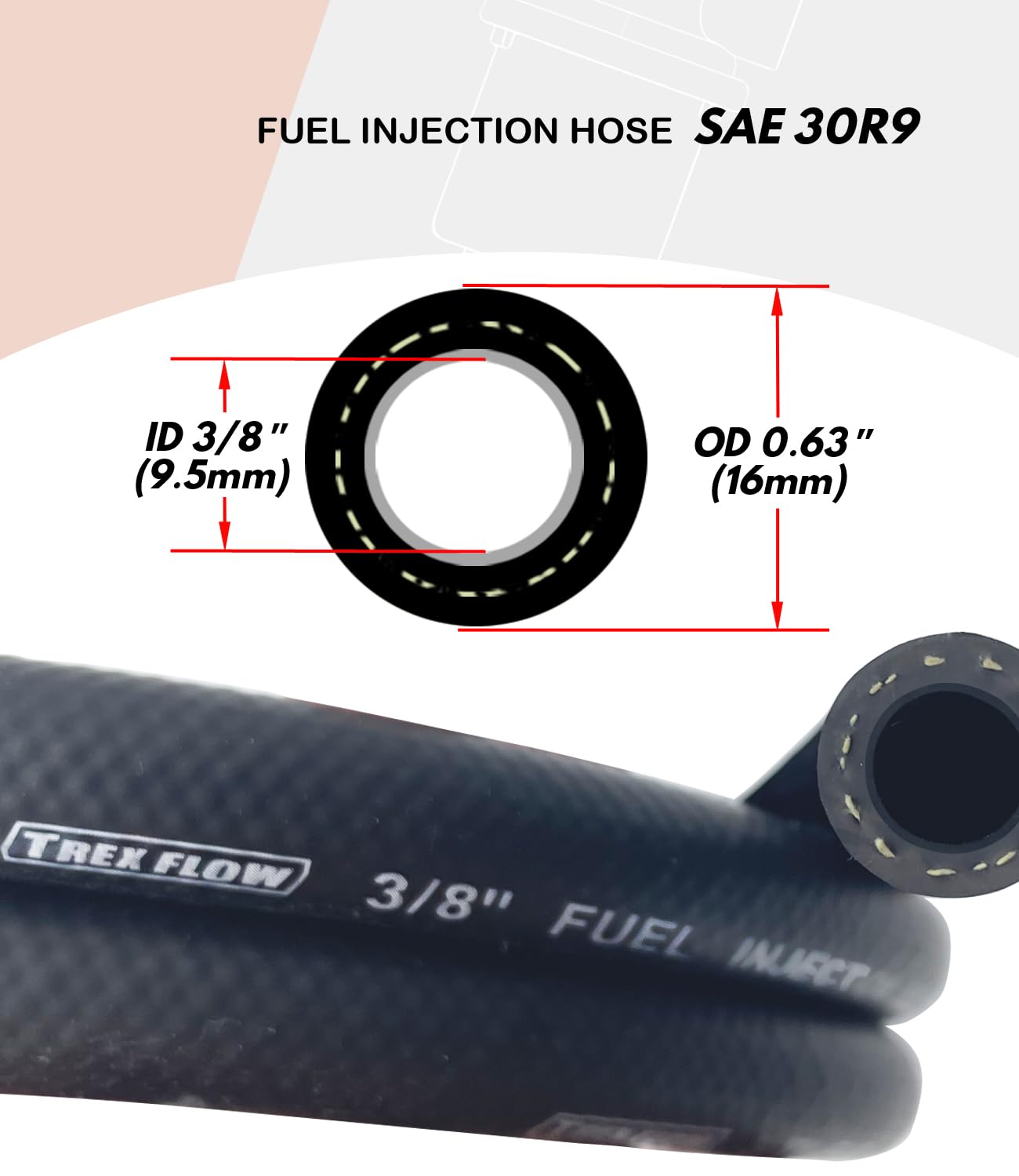 TREXFLOW TF hose laid beside ruler showing 5ft length for accurate scale