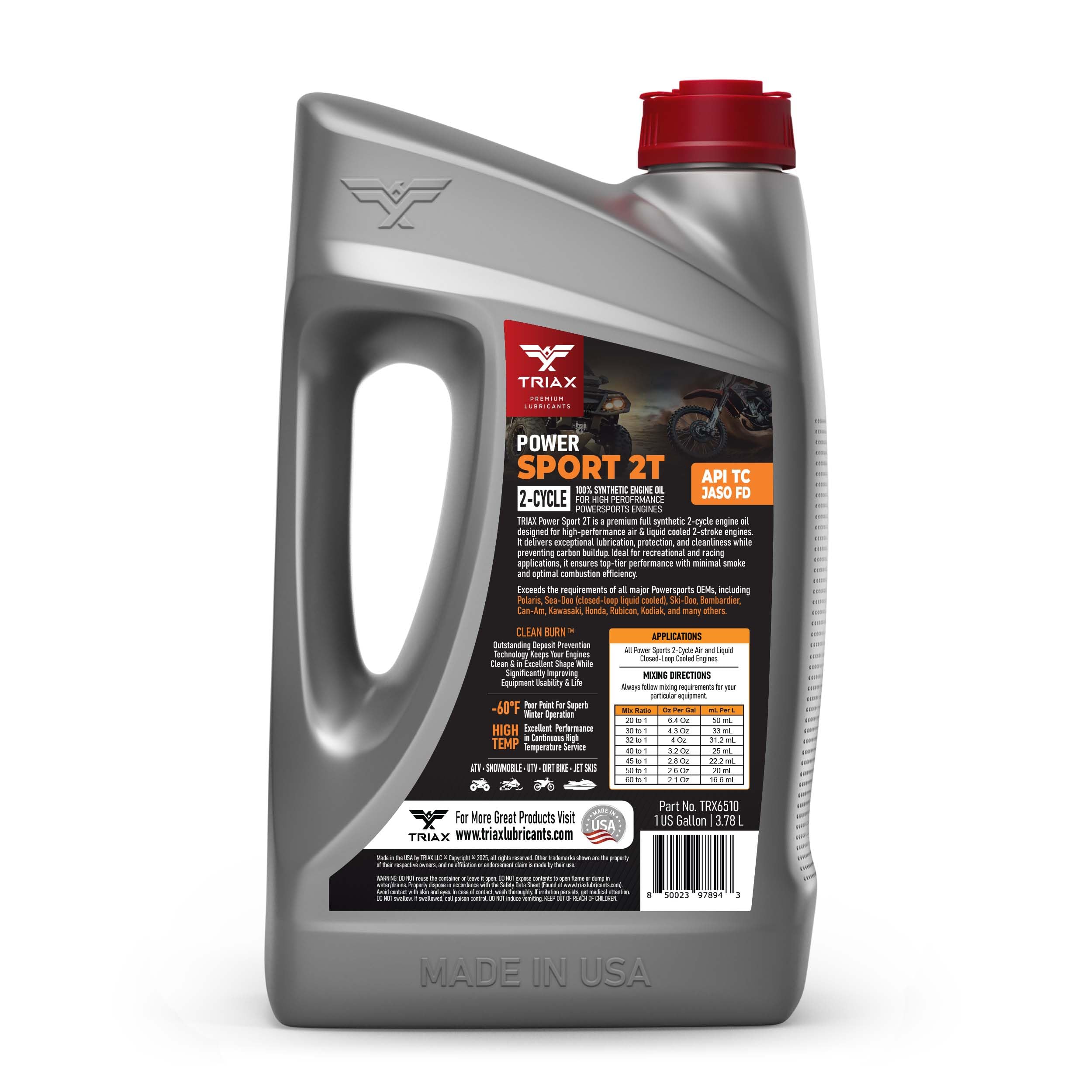 Triax Power Sport 2T rear label close-up showing directions and compatibility for correct engine use