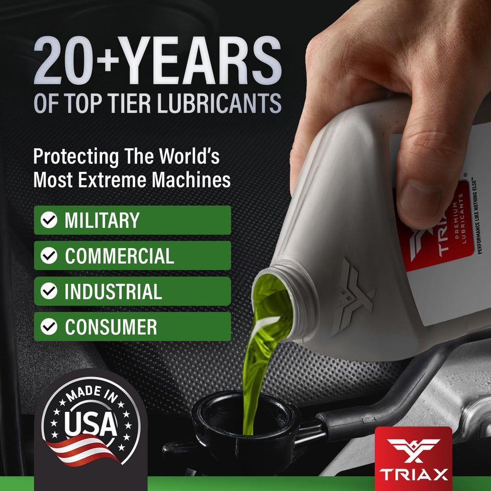 Triax bottle in garage setting illustrating professional-grade CVT protection