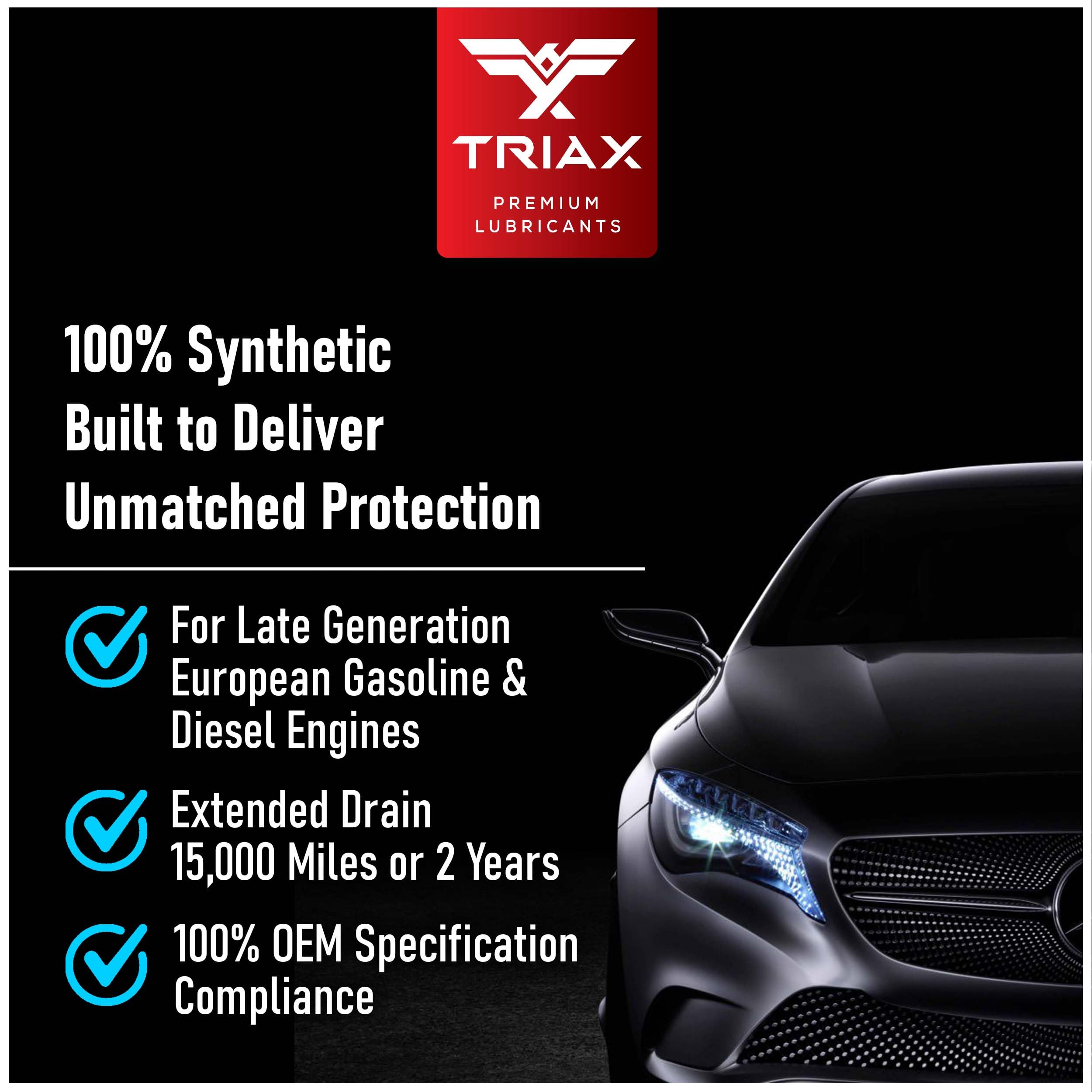 Triax label closeup listing VW, BMW and MB specifications and trust